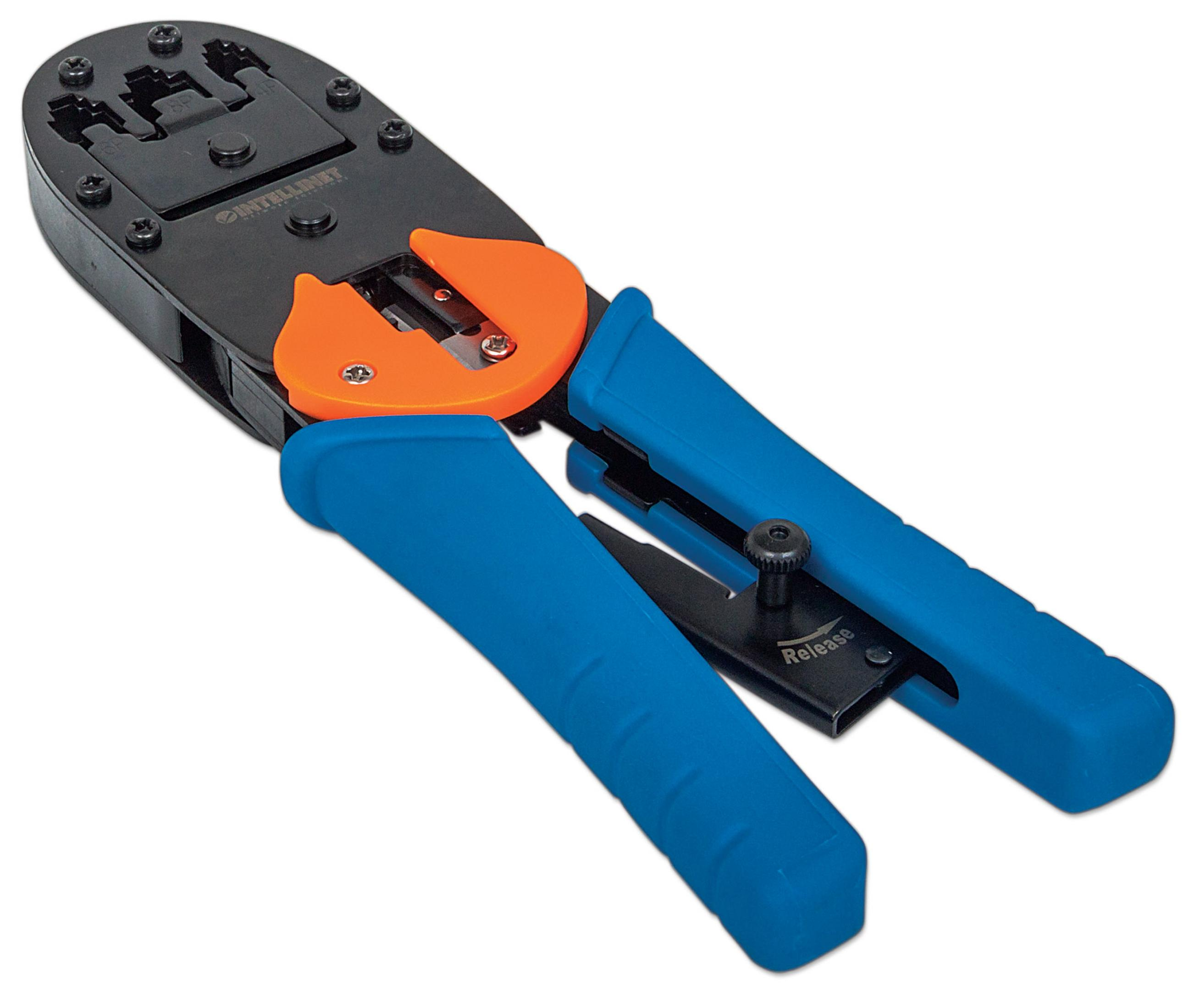 Ein blau-schwarzes Crimpwerkzeug mit blauen Griffen und einem orangefarbenen Crimpteil.