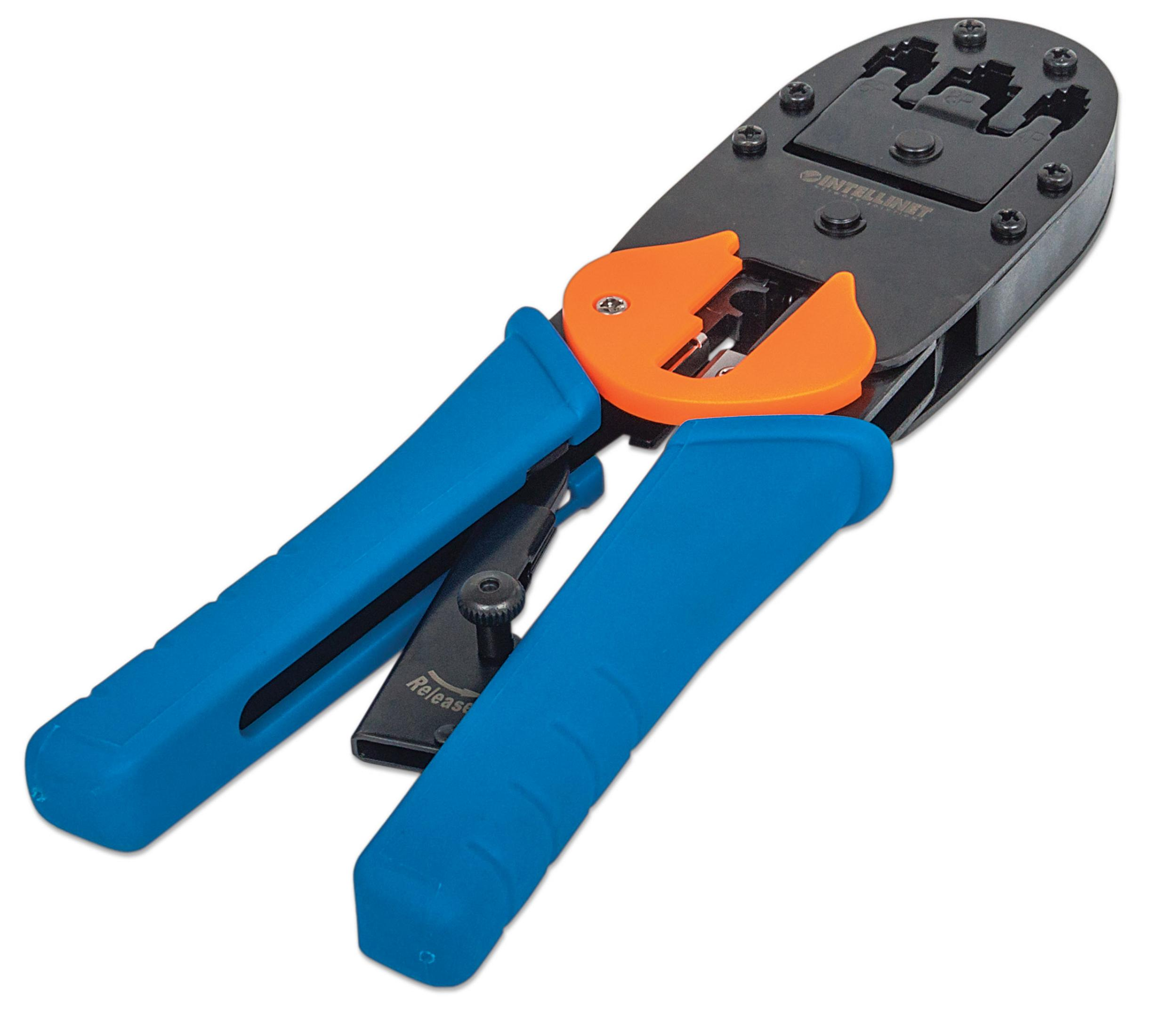 Crimpwerkzeug mit blauen Griffen und orangefarbenem Maul zum Verbinden von Netzwerkkabeln vor weißem Hintergrund.