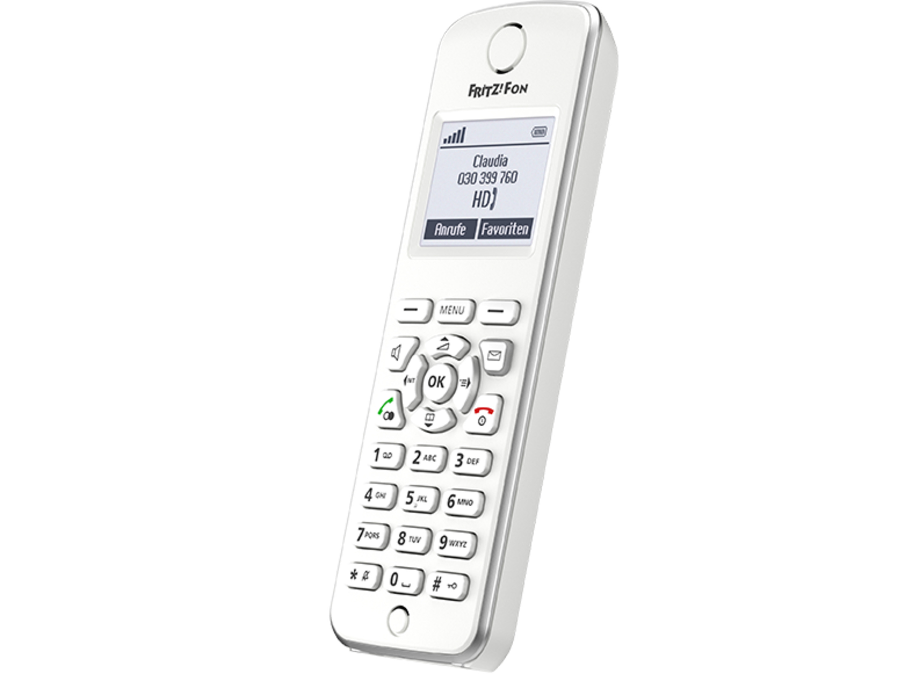 Ein weißes schnurloses Telefon mit einem Bildschirm, der eine Telefonnummer und Text anzeigt. Es hat Tasten.