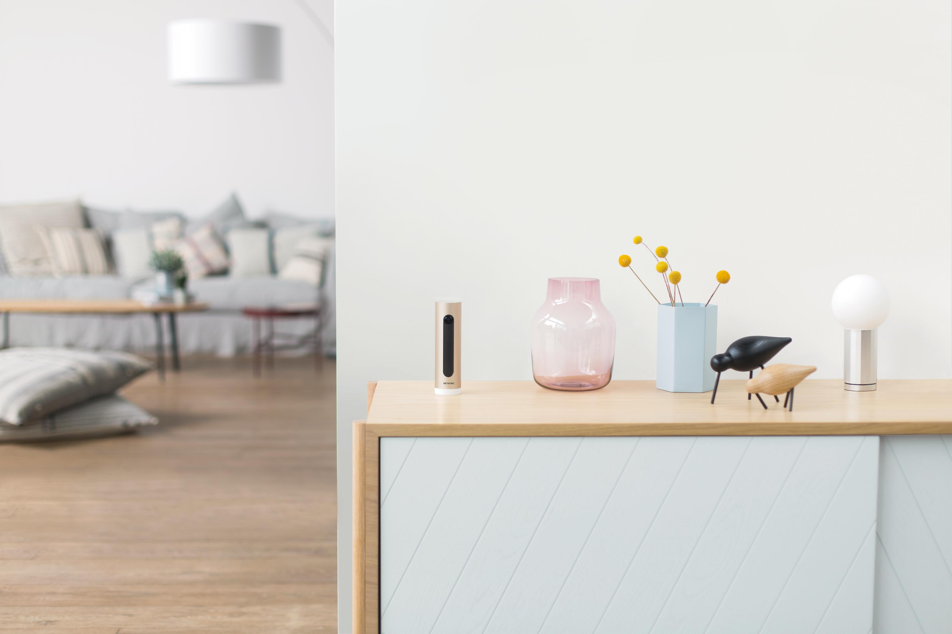 Scena w salonie. Drewniana szafka z dekoracjami i sofa w tle. Biała ściana.