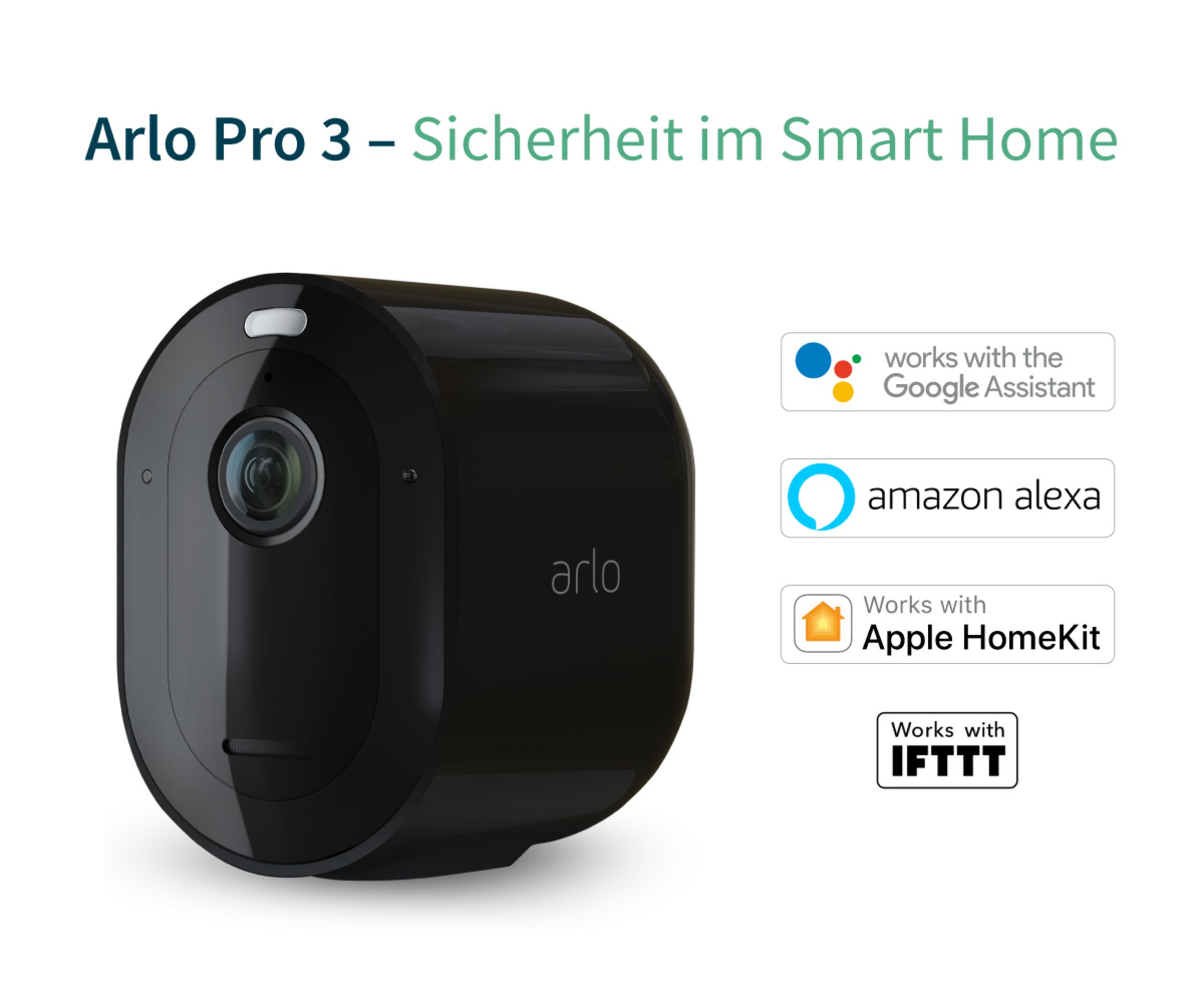 Czarna kamera bezpieczeństwa Arlo Pro 3. Loga Google Assistant, Amazon Alexa, Apple HomeKit i IFTTT.