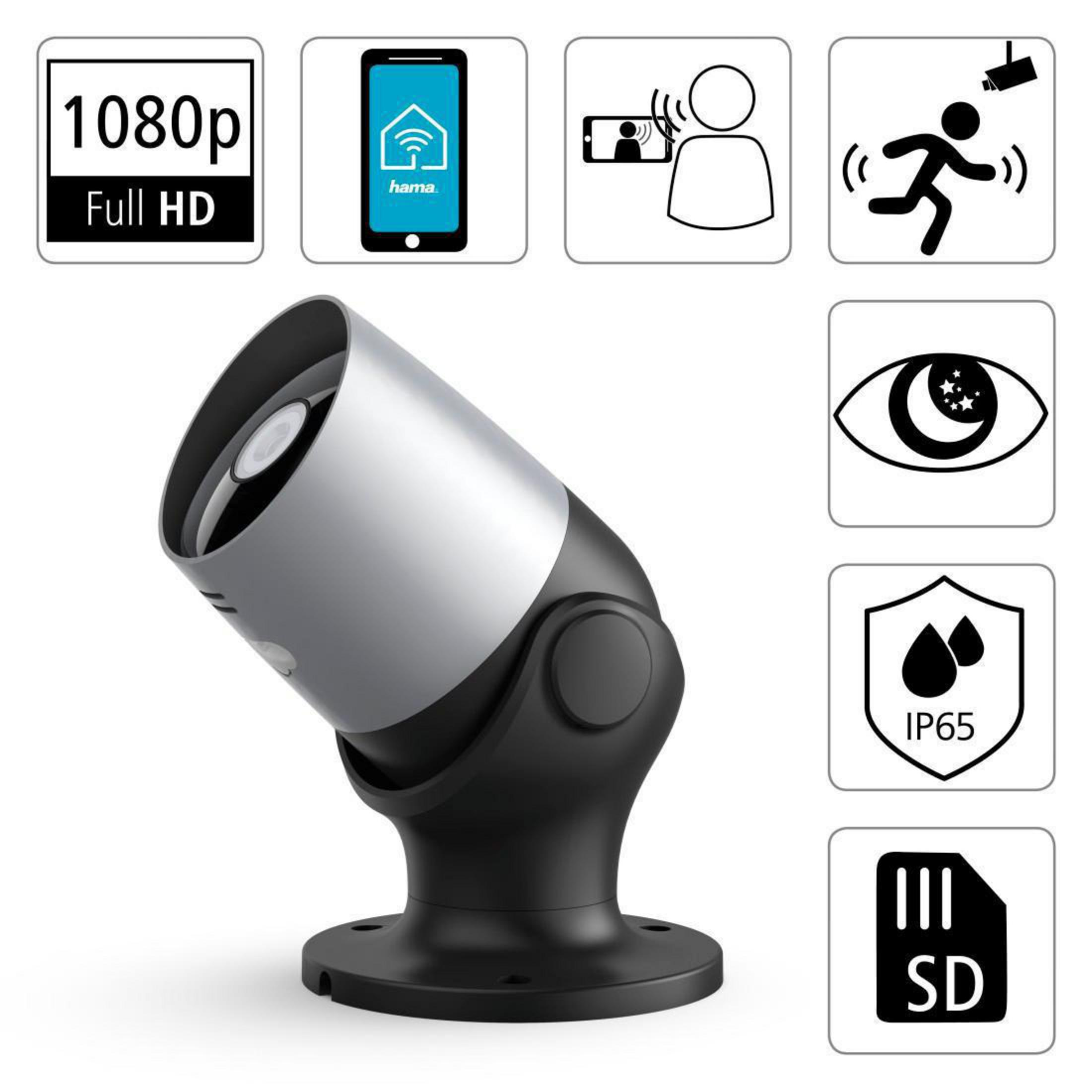 Telecamera di sicurezza nera e argento con icone: 1080p, app per la casa, persona, rilevamento del movimento, occhio, scheda SD, IP65.