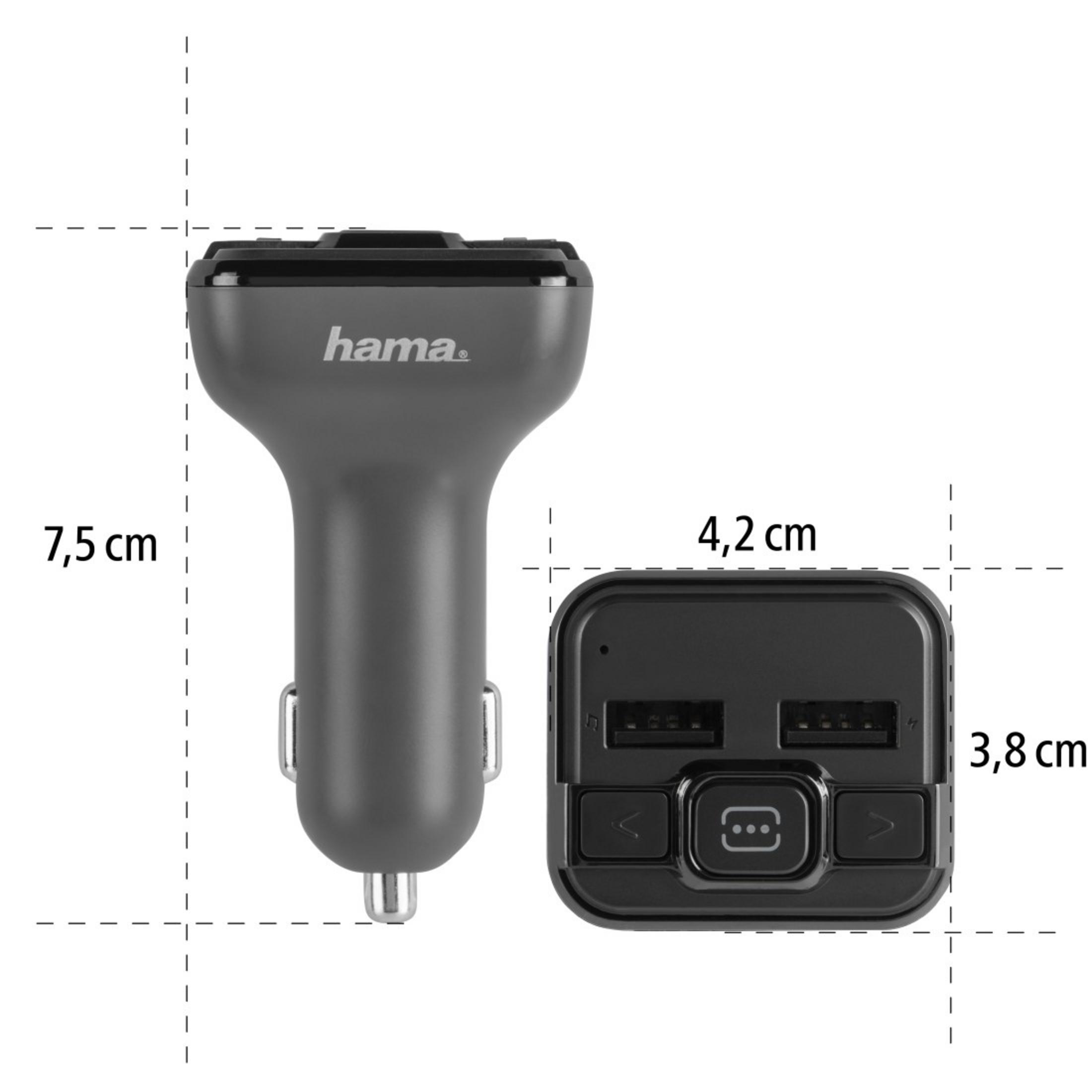 Ein Autoladegerät mit zwei USB-Anschlüssen, mit Abmessungen und einem Markennamen.