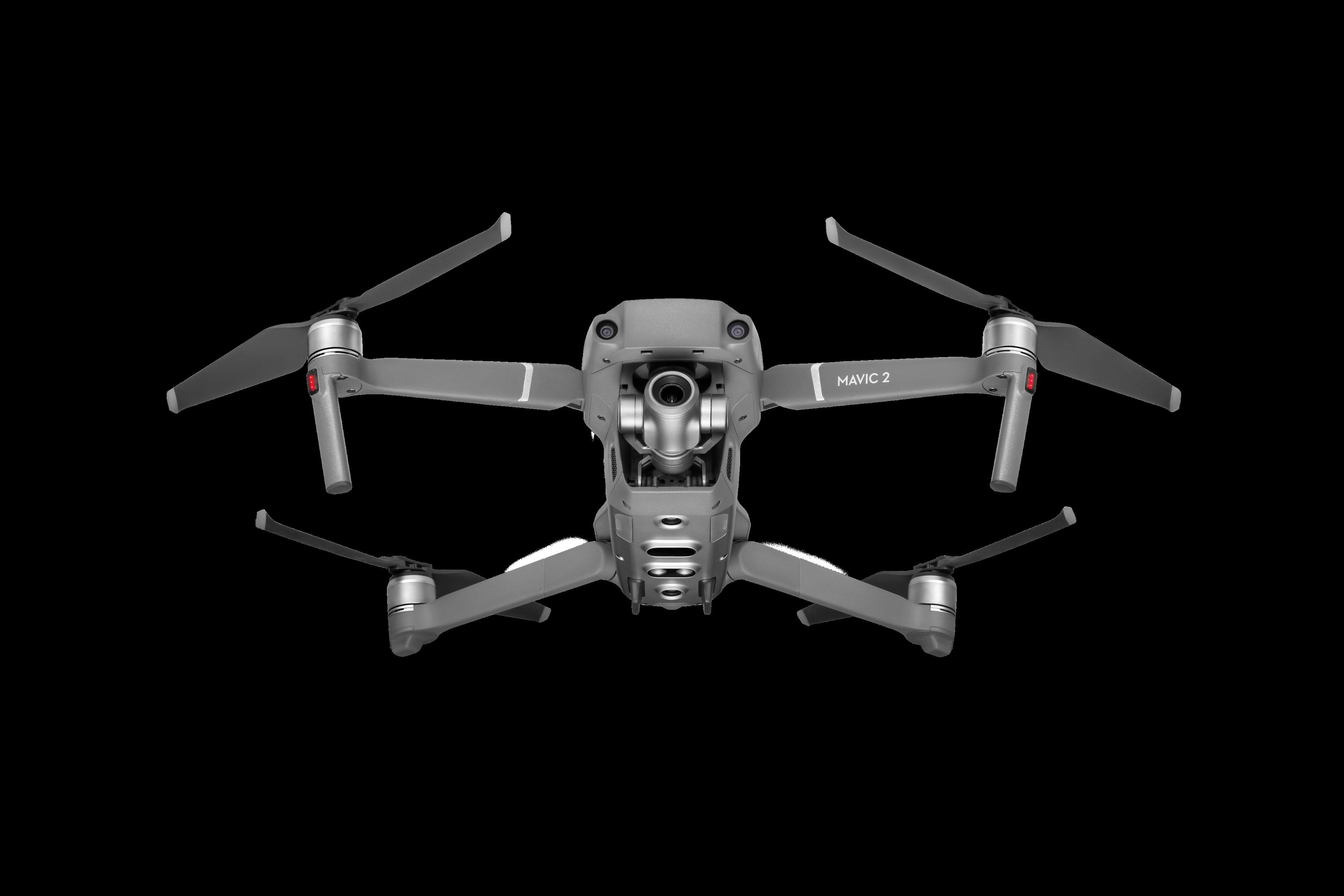 Graue Drohne Mavic 2, Draufsicht, mit ausgeklappten Propellern, vor schwarzem Hintergrund.