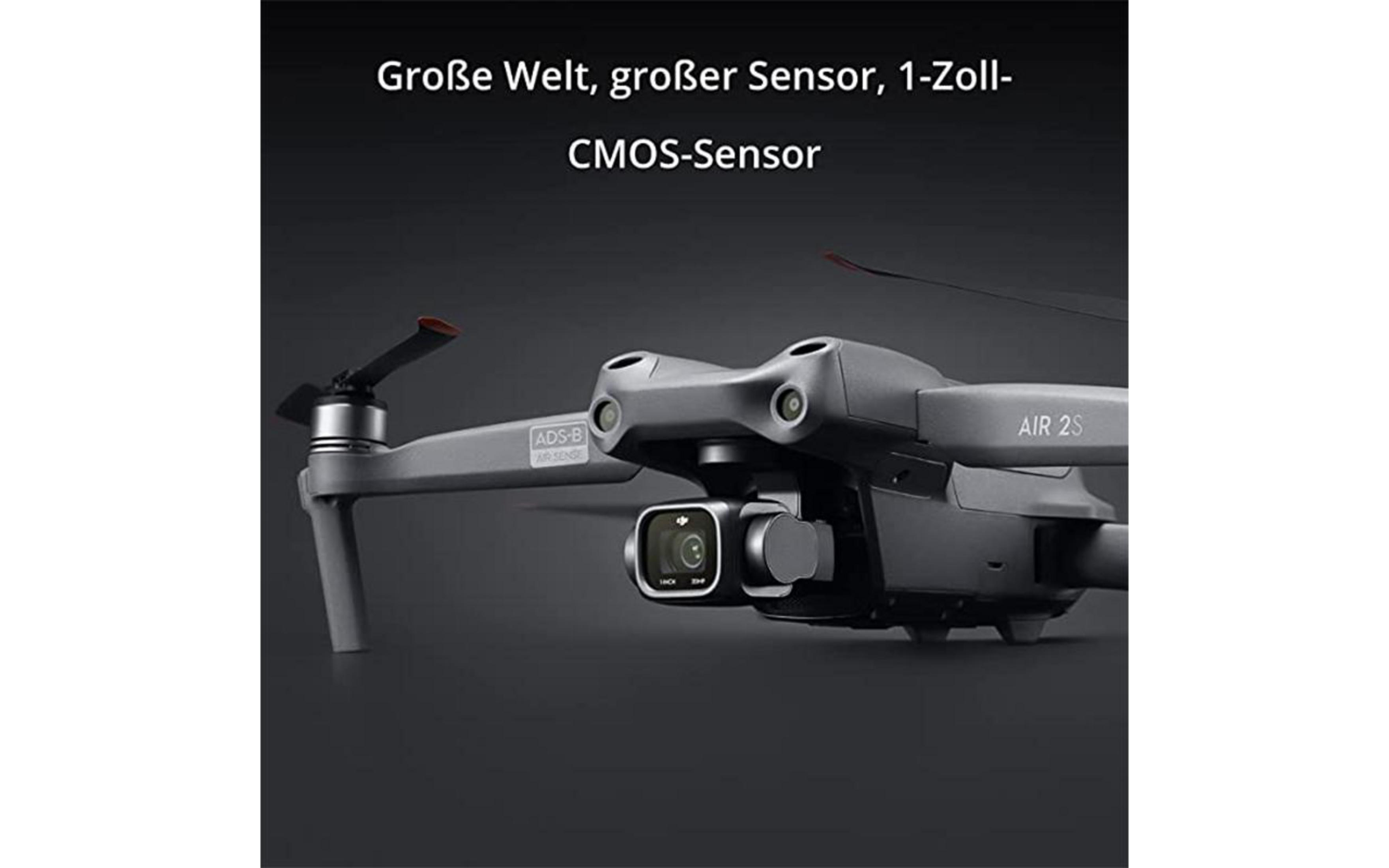 Graue Drohne mit Kamera, Text: 'Große Welt, großer Sensor, 1-Zoll-CMOS-Sensor'.