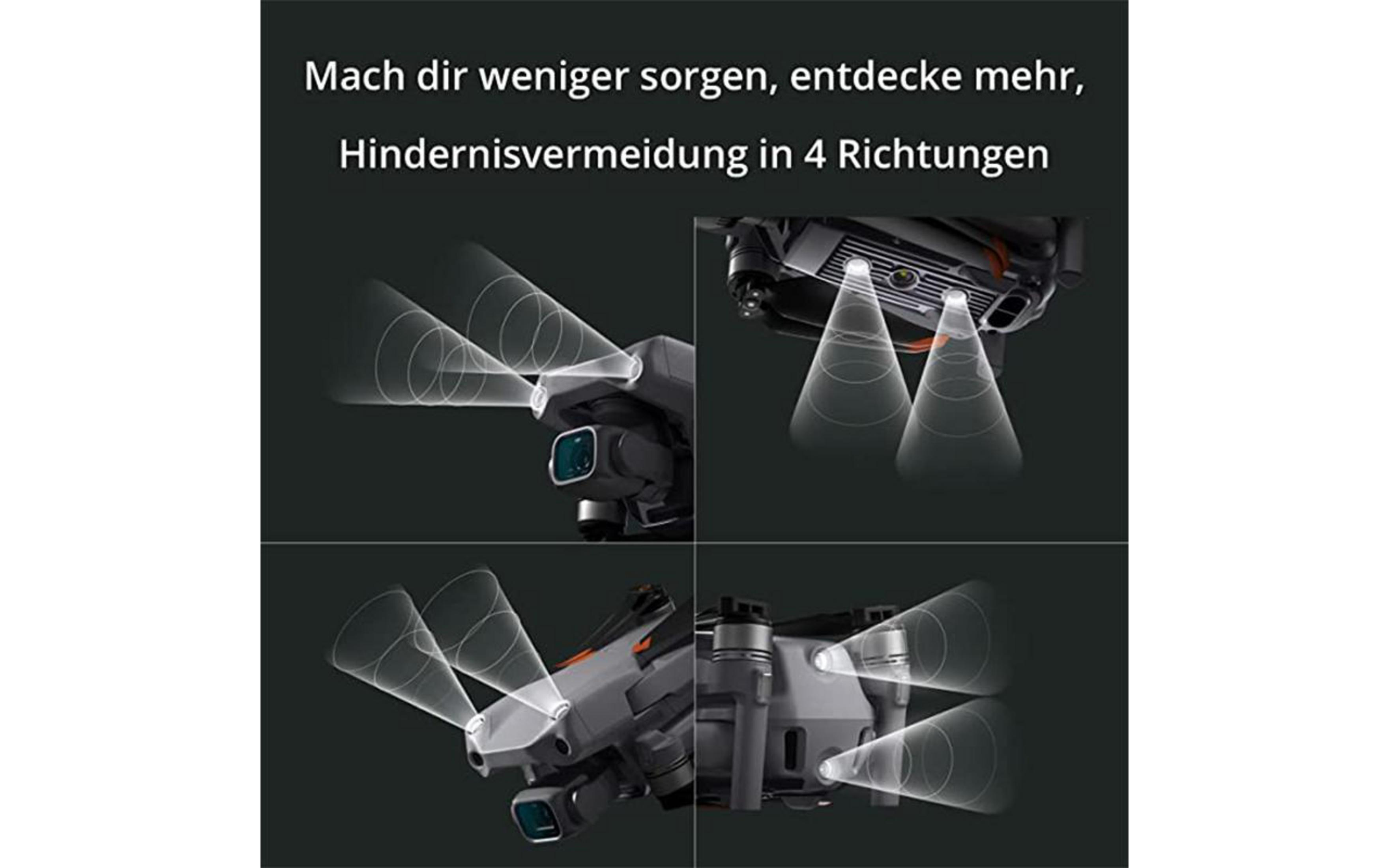 Diagramm einer Drohne mit Sensoren zur Hindernisvermeidung. Text: „Weniger Sorgen, mehr entdecken, Hindernisvermeidung“.