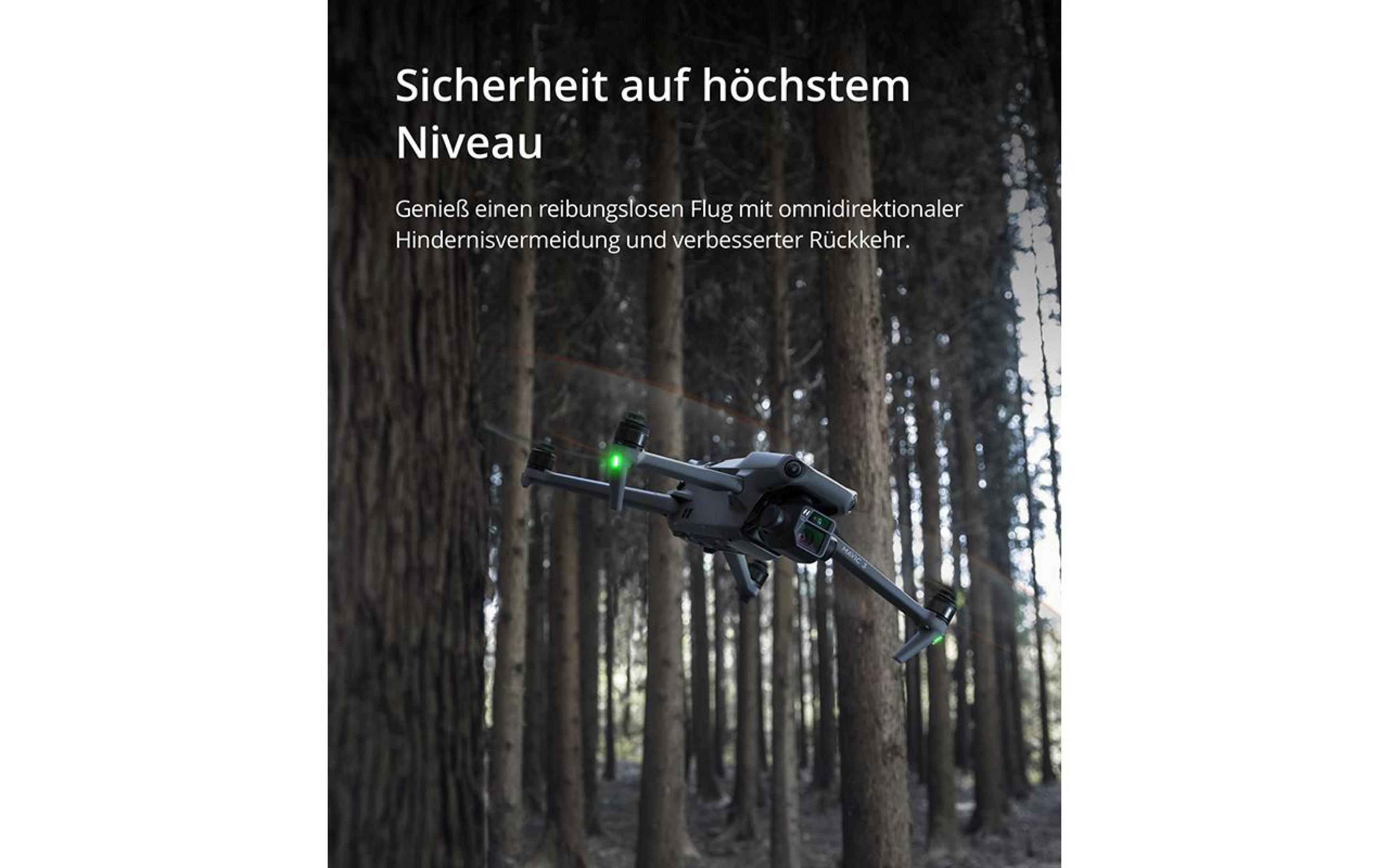 Drohne im Flug über einem Wald. Text über Sicherheit und Hindernisvermeidung.