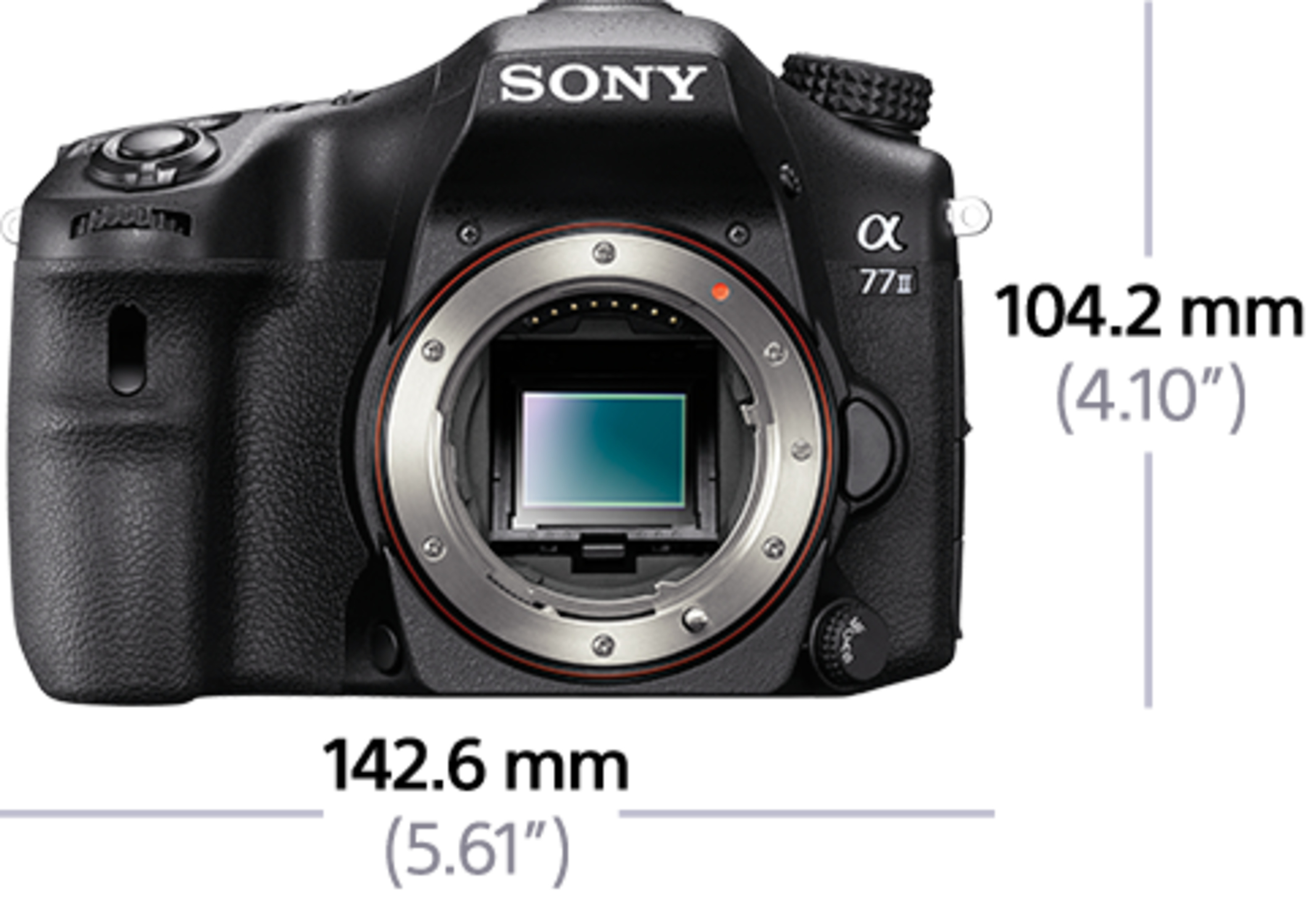 Schwarze Sony Alpha Kamera mit Abmessungen auf weißem Hintergrund angezeigt.
