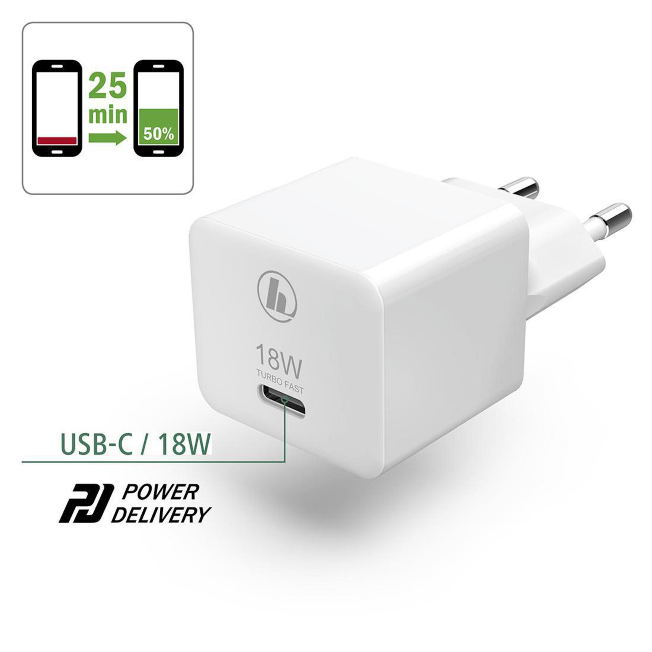 Biała ładowarka z portem USB-C. Wyświetla czas i procent naładowania. Etykieta Power Delivery.
