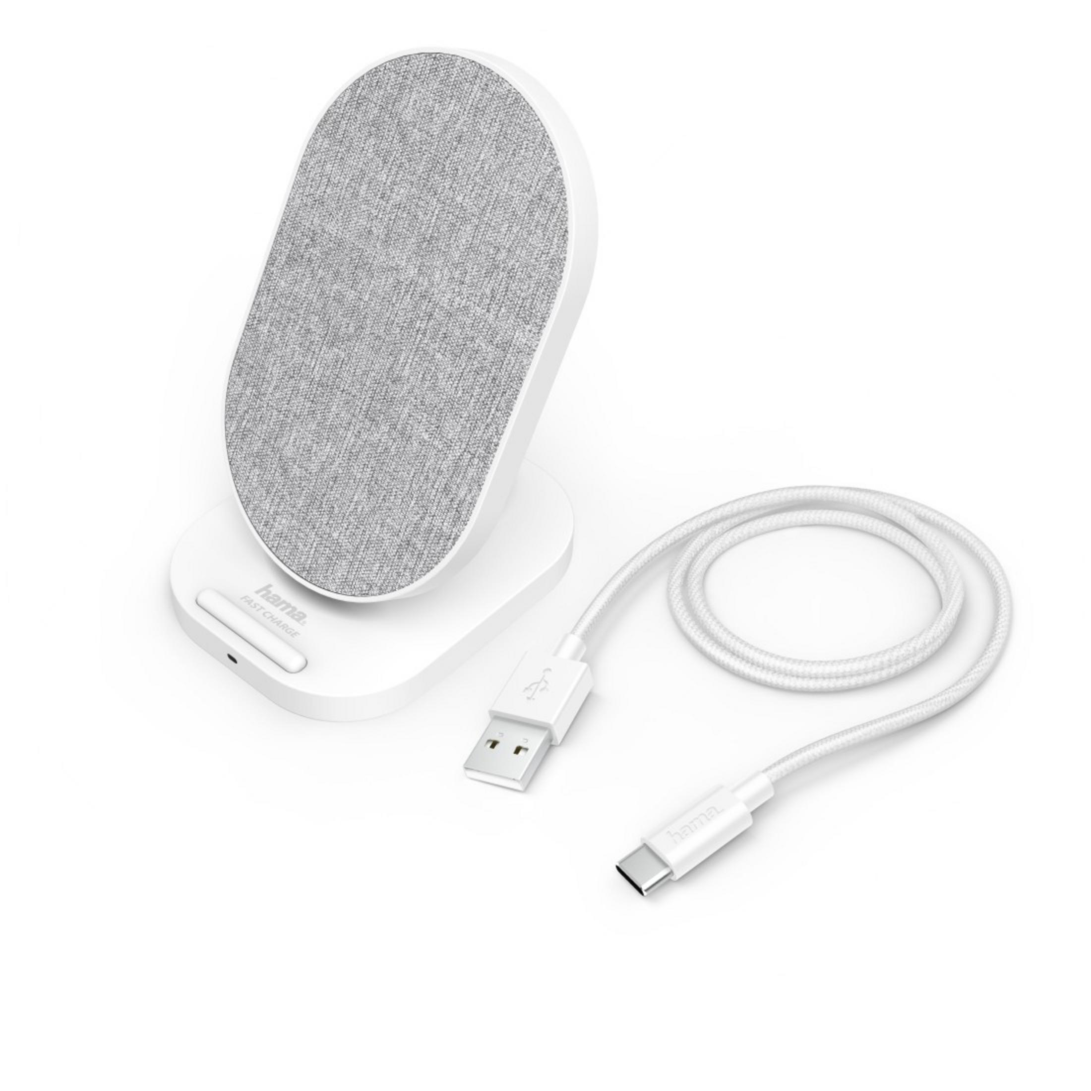 Ein weißes kabelloses Ladegerät mit grauem Stoffpad und weißem USB-Kabel.