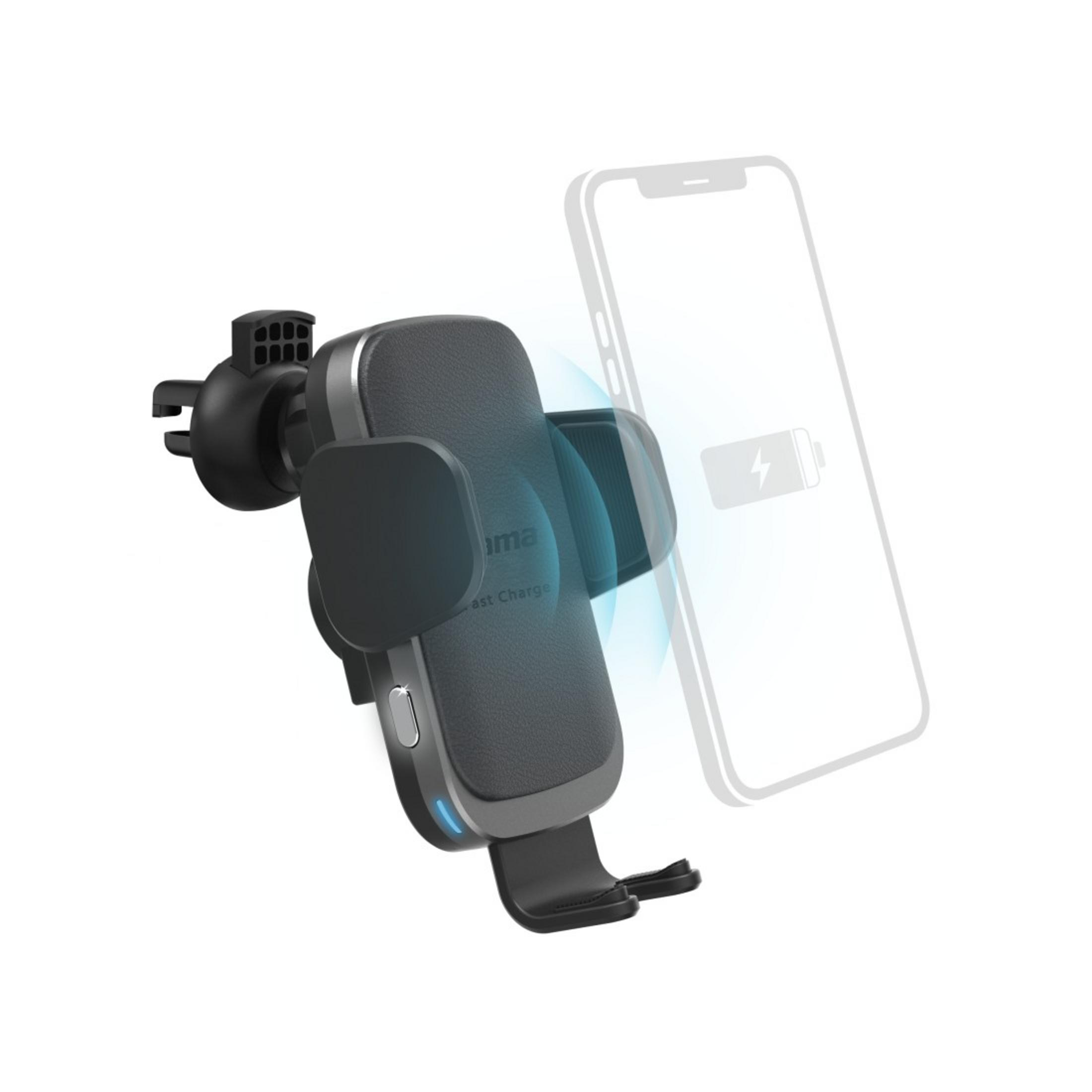 Ein schwarzer Autotelefonhalter mit kabellosen Ladefunktionen, mit einem daneben abgebildeten Telefon.
