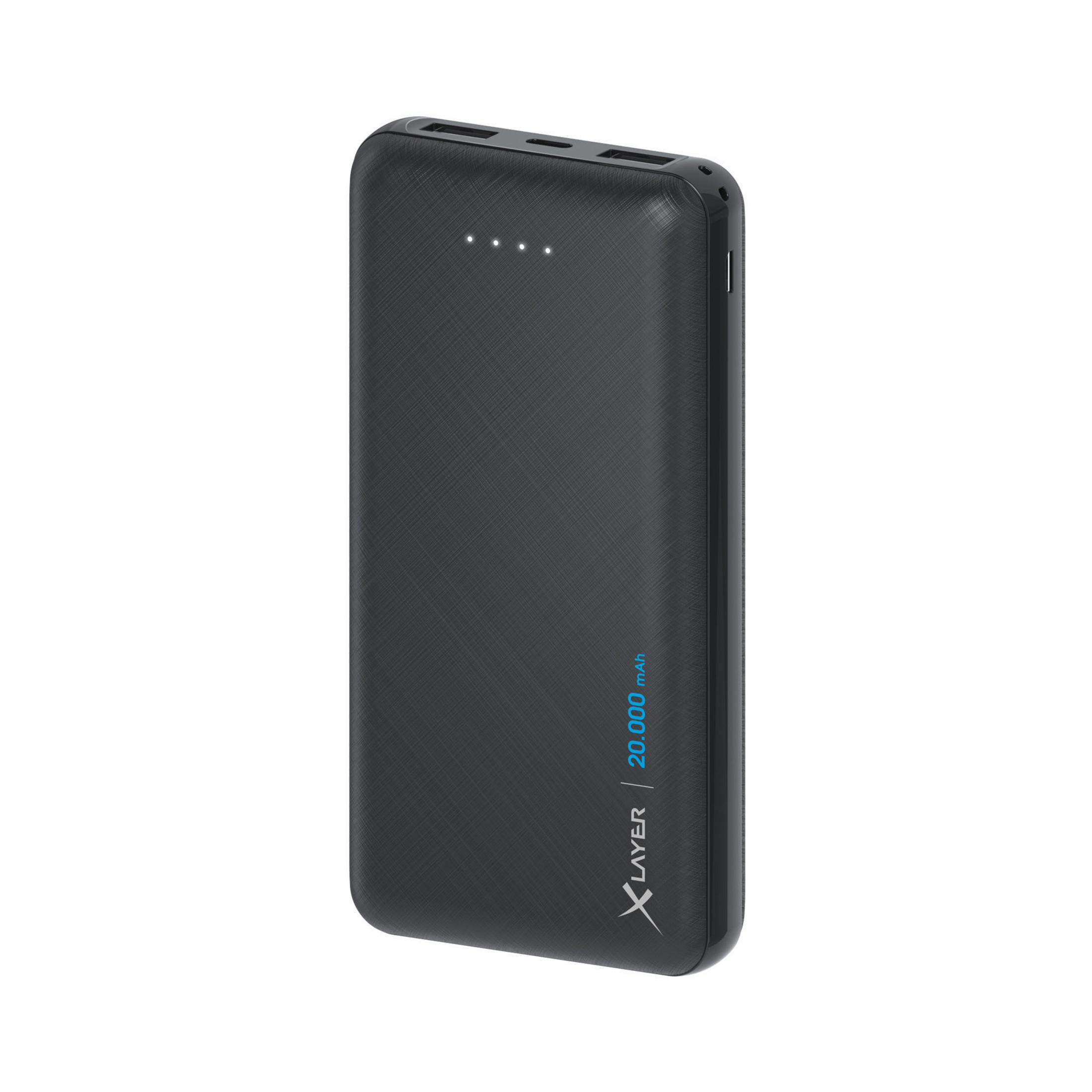 Un power bank nero con quattro luci e la scritta "20.000 mAh".