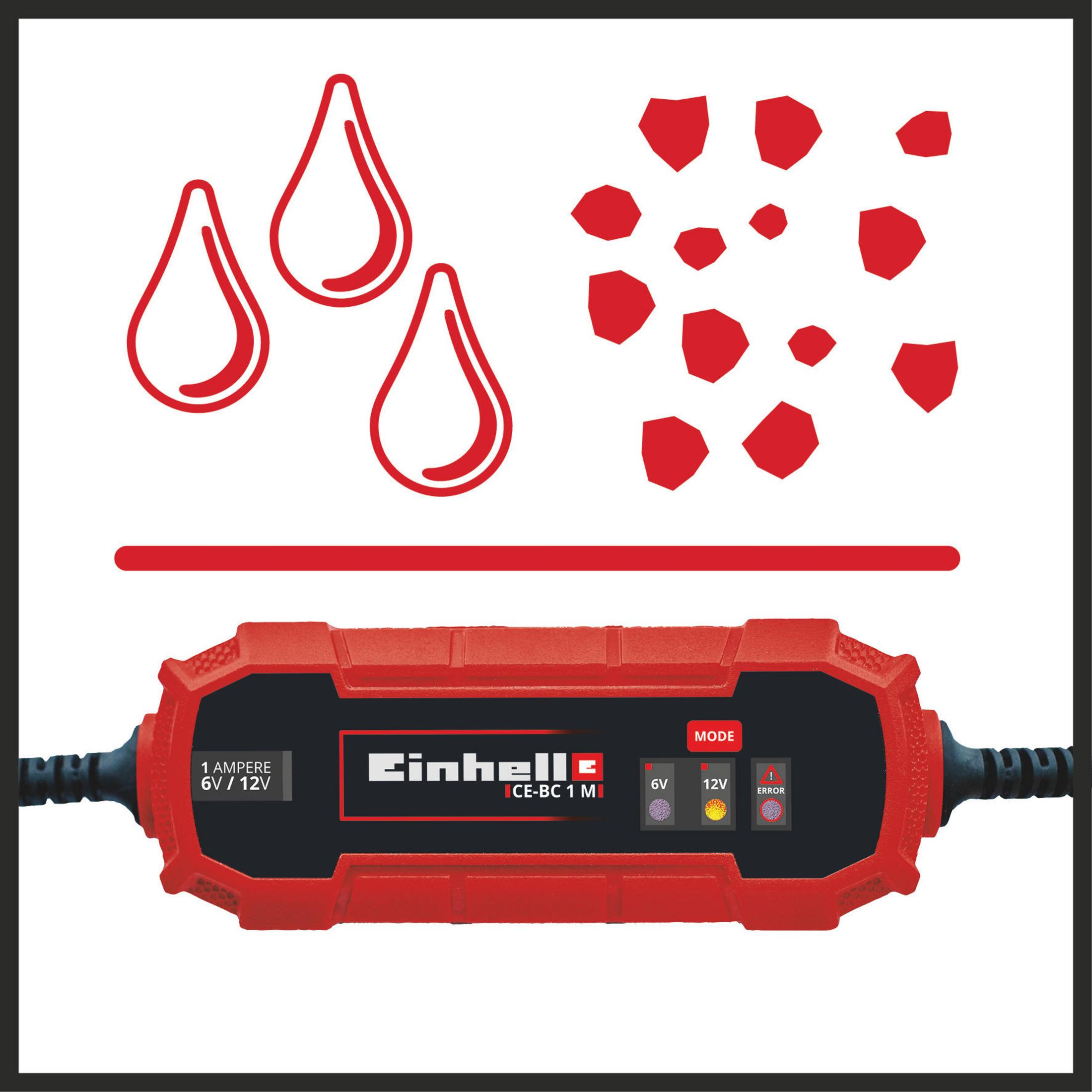 Ein rotes Batterieladegerät mit drei roten Wassertropfen und roten Formen auf weißem Hintergrund.