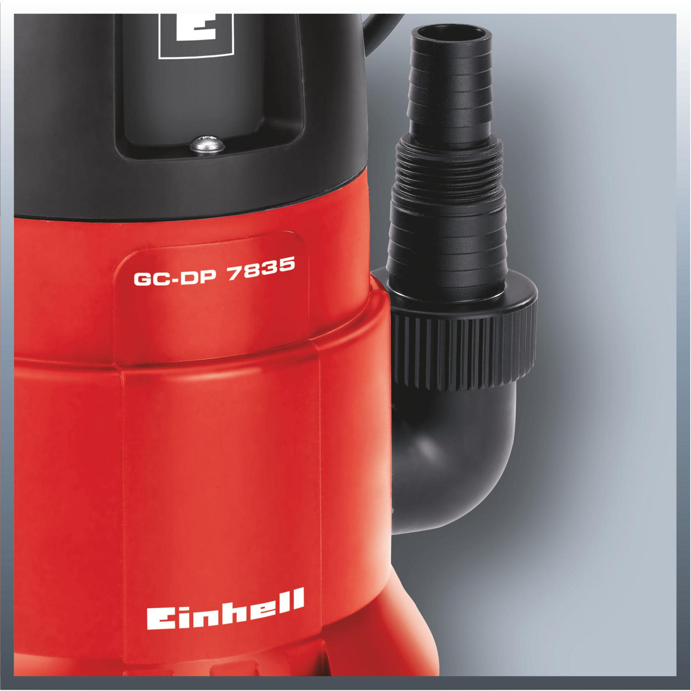 Rote und schwarze Wasserpumpe. Text auf der Seite lautet 'GC-DP 7835' und 'Einhell'.