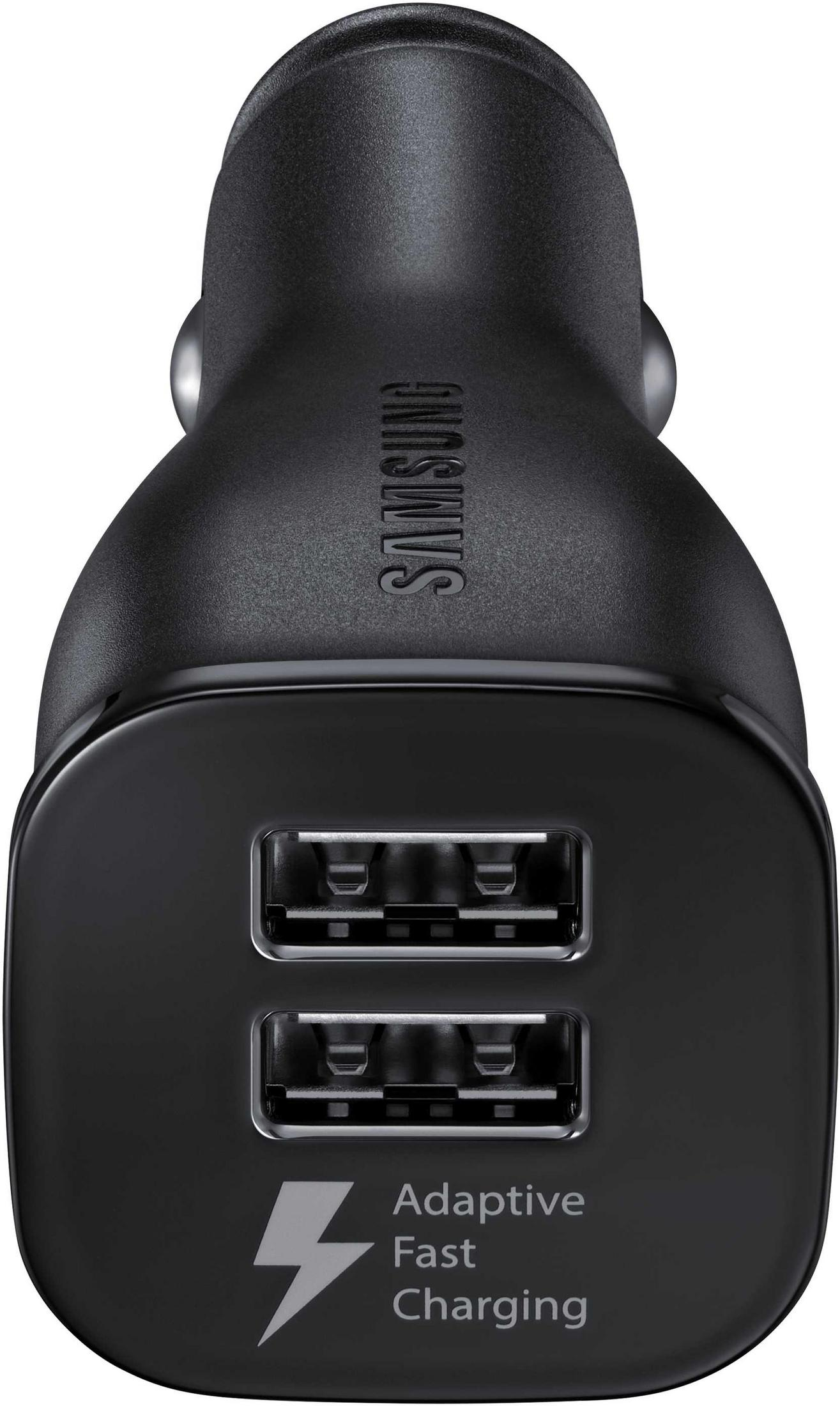 Caricabatterie per auto Samsung nero con due porte USB e l'etichetta 'Adaptive Fast Charging'.