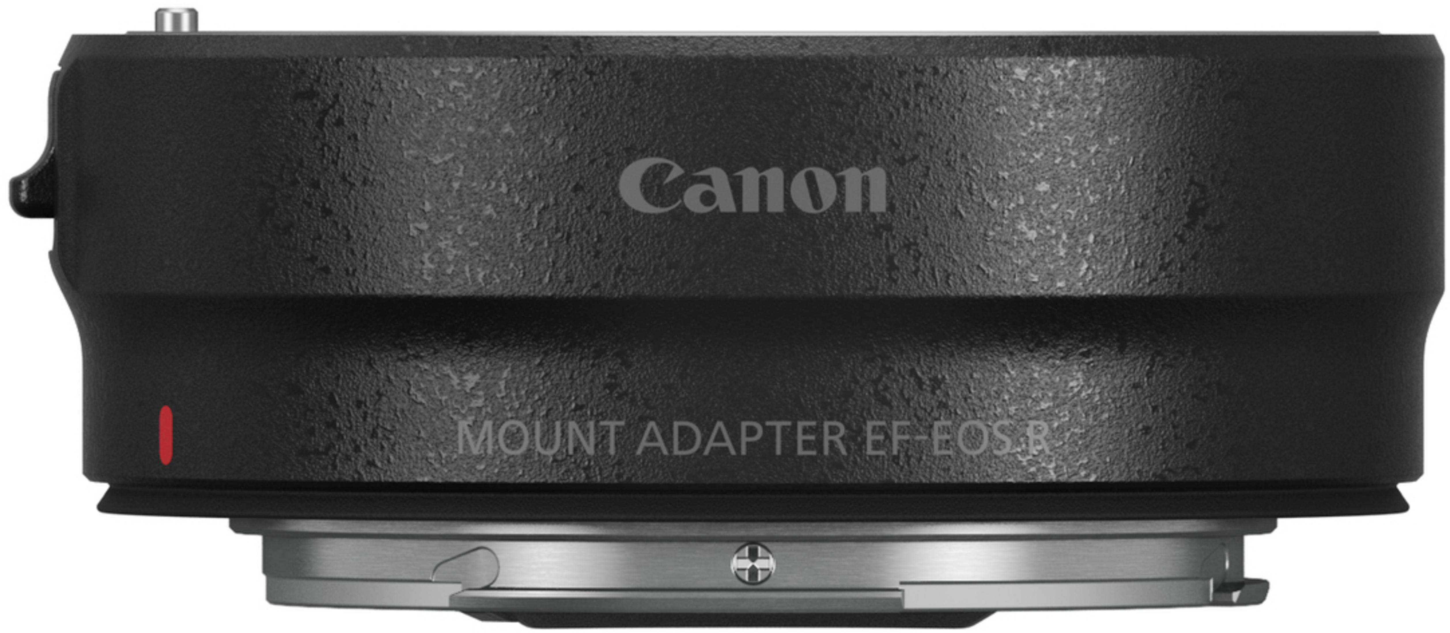 Schwarzer Canon Mount Adapter EF-EOS R. Silberne Basis, Canon-Logo, roter Punkt. Nahansicht.