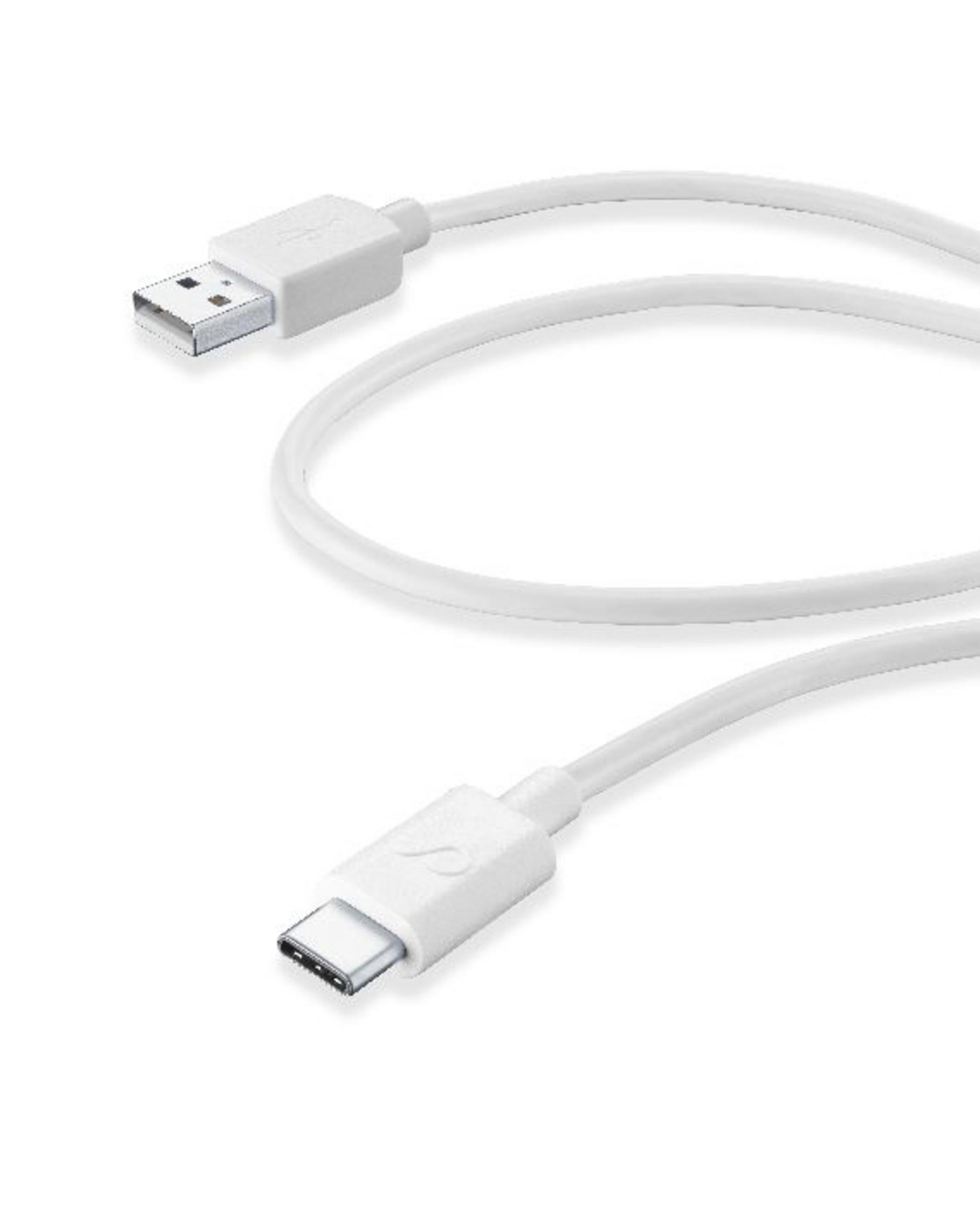 Weißes USB-auf-USB-C-Kabel, freigestellt auf weißem Hintergrund, zum Laden.