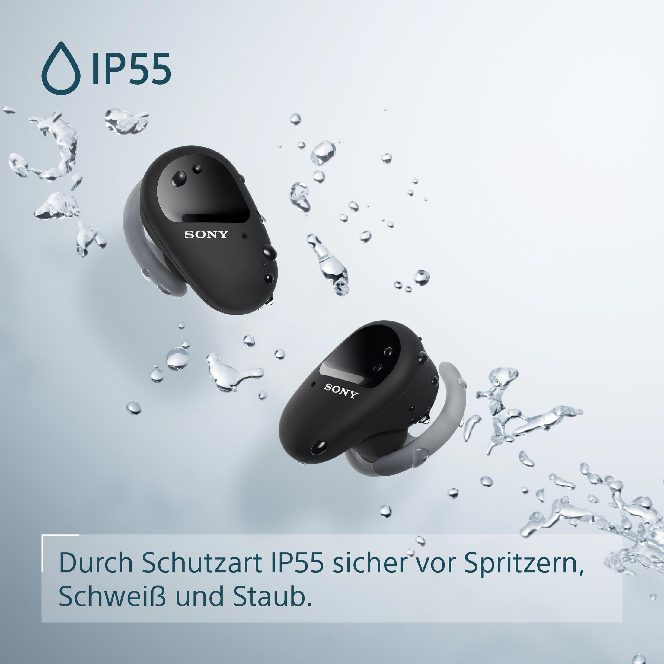 Due auricolari Sony neri con gocce d'acqua e un grafico di classificazione IP55.