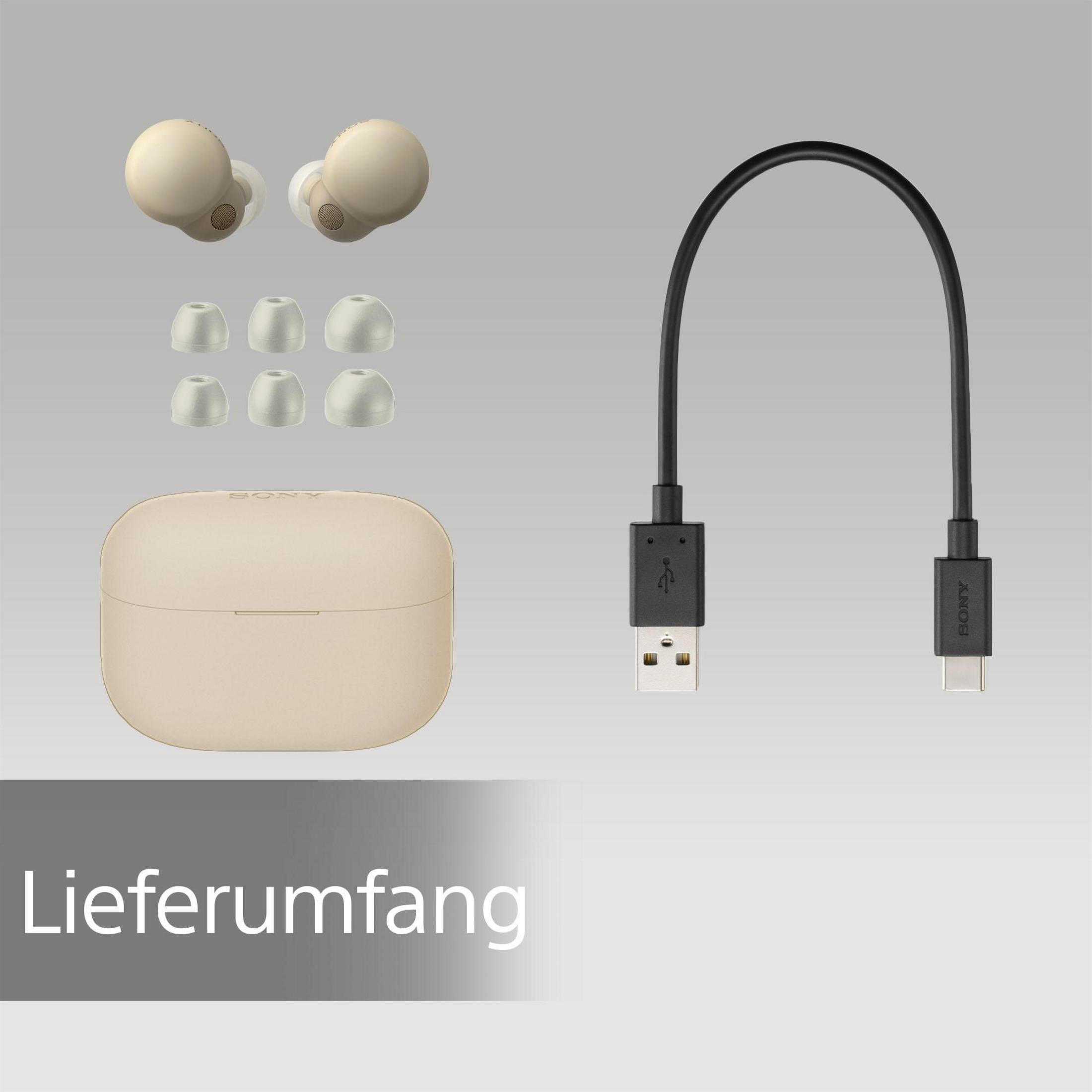 Słuchawki, etui ładujące i kabel na szarym tle. Zawiera dodatkowe wkładki douszne.