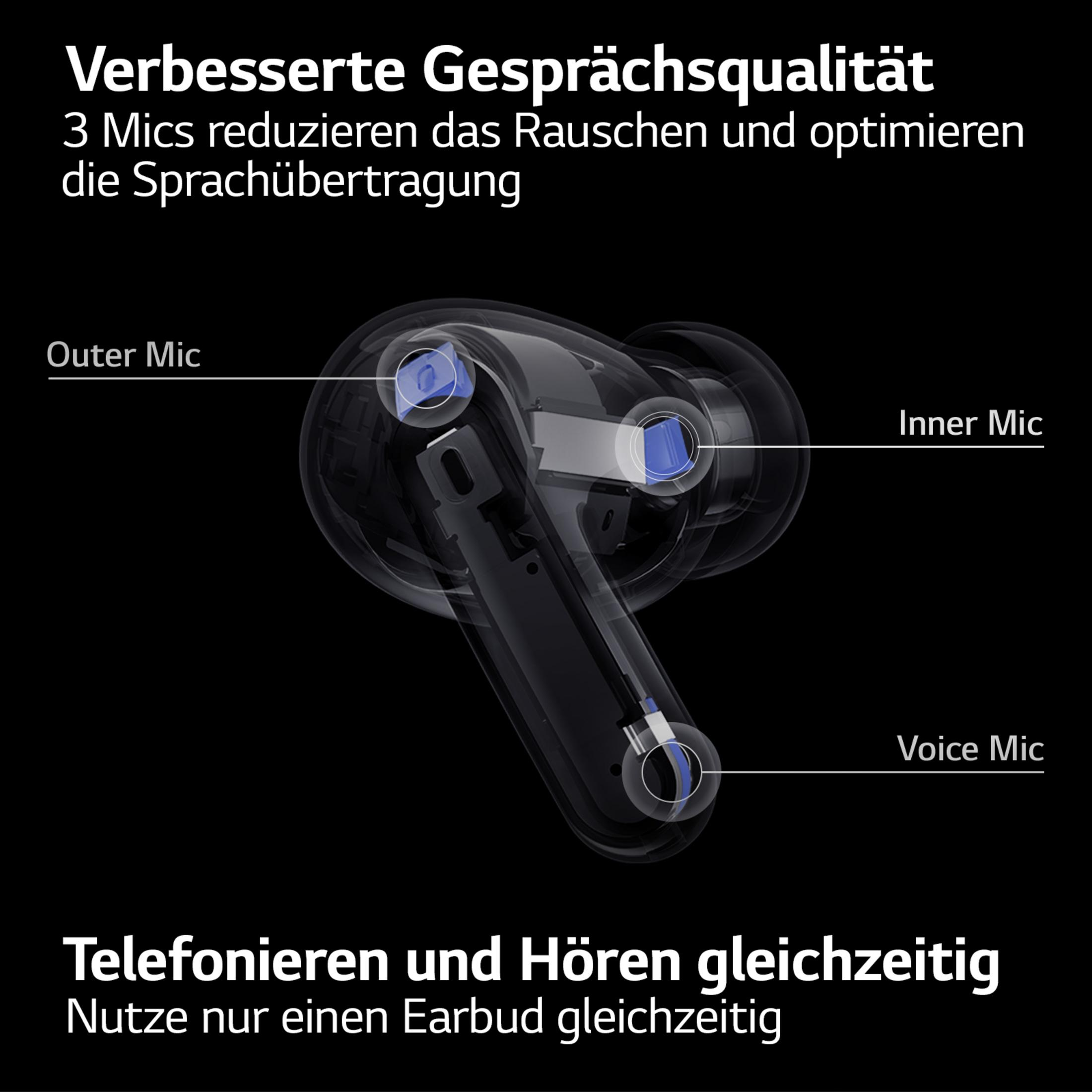Schnittdiagramm von schwarzen kabellosen Ohrhörern mit Beschriftungen.