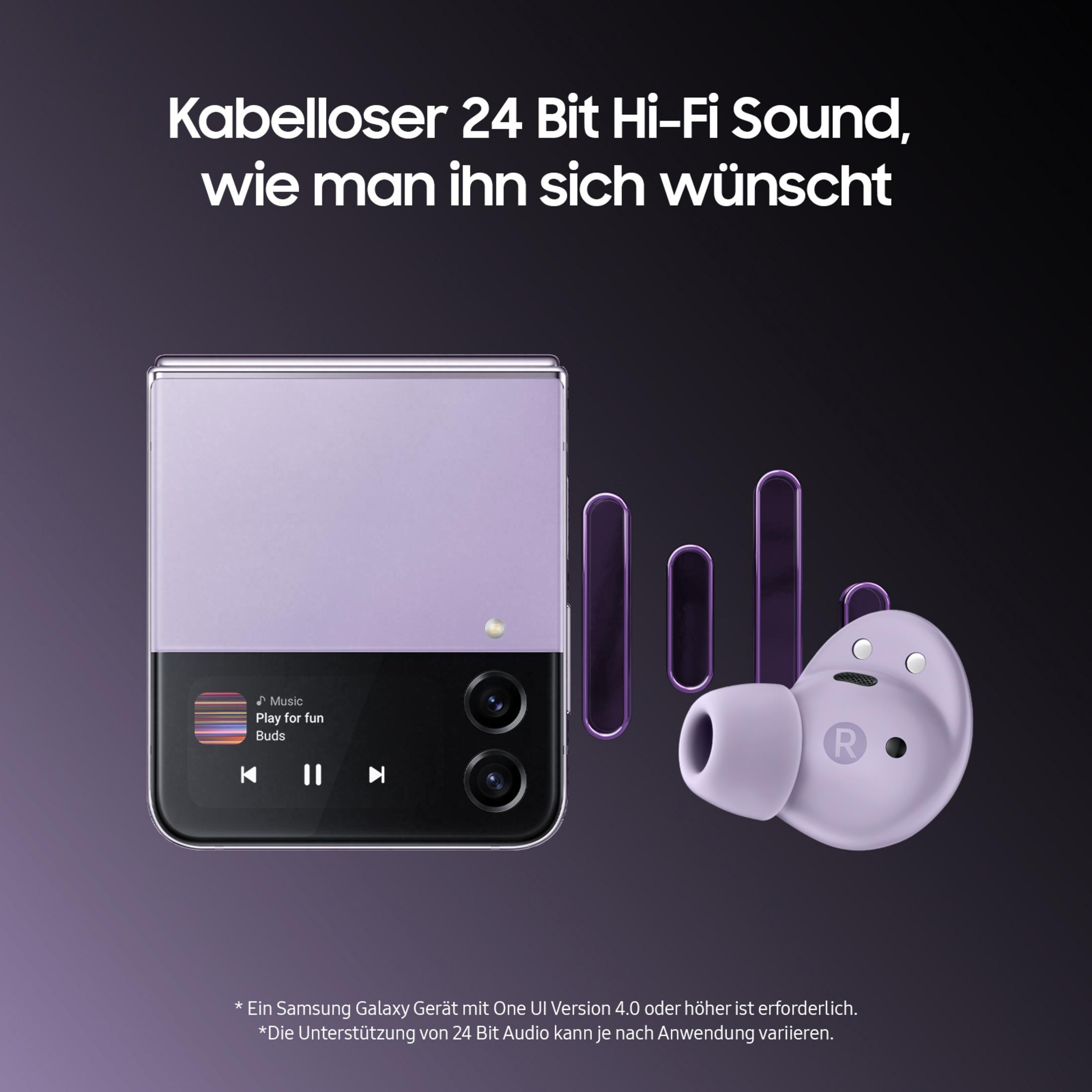 Lila Telefon mit Ohrhörern. Text auf dem Bildschirm lautet 'Music Play for fun'.