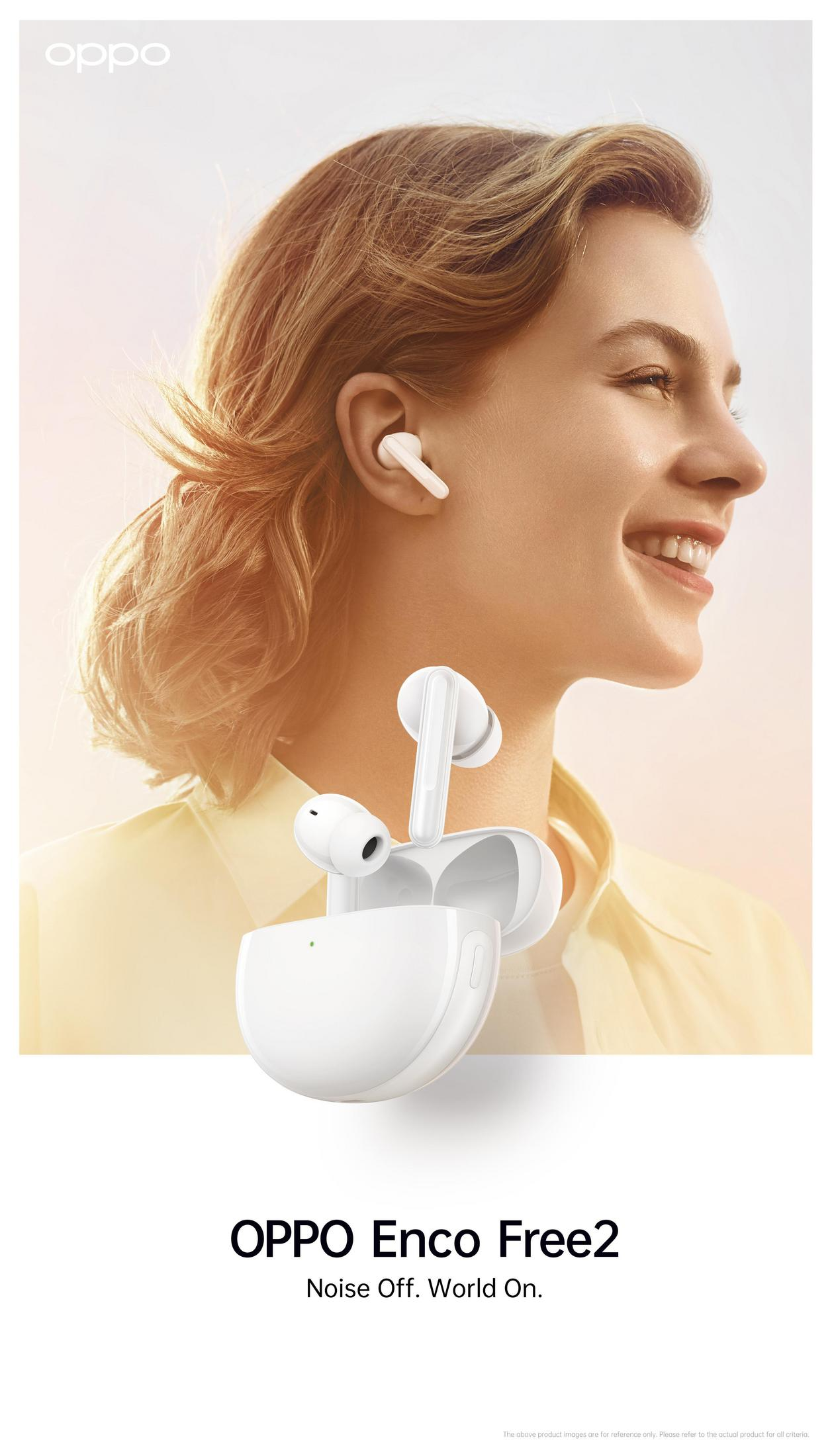 Woman with white earbuds and a white charging case. Smiling with a sunny background. 