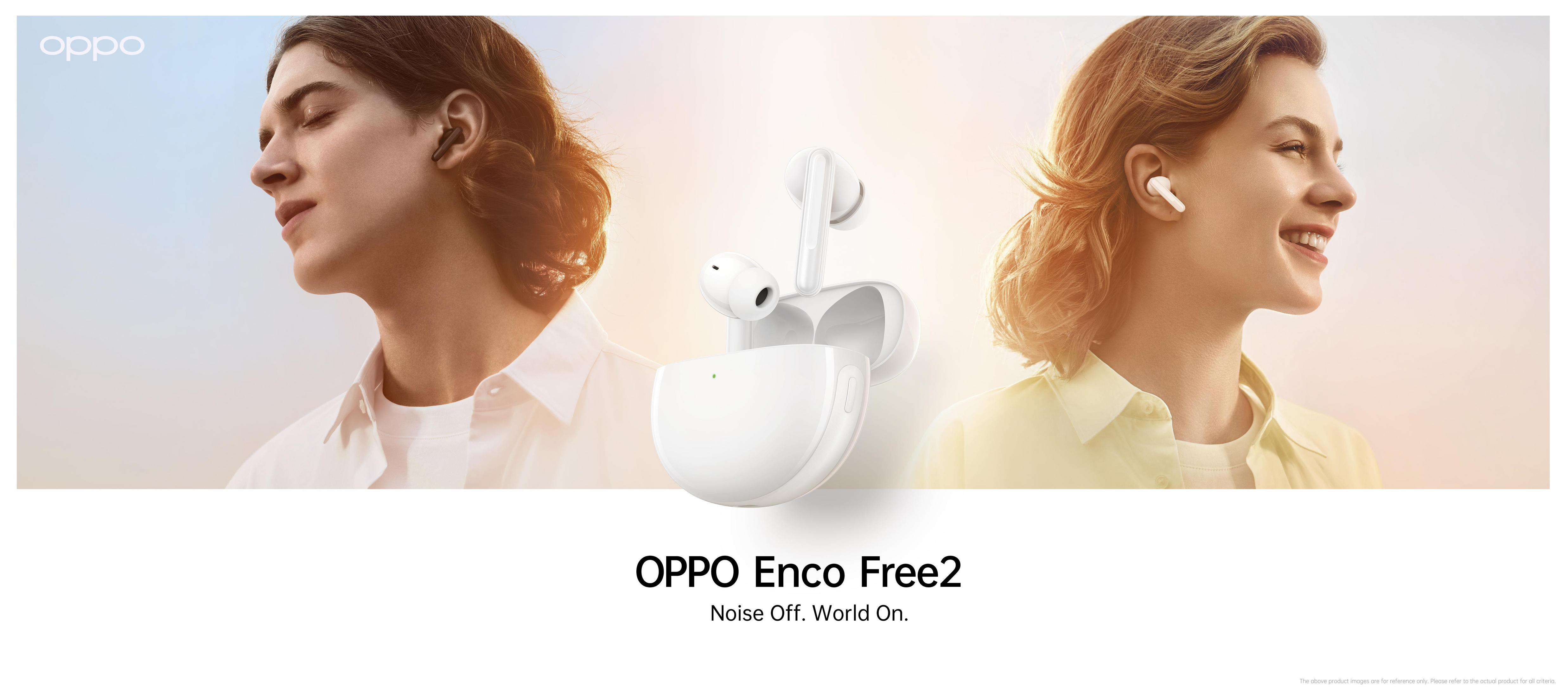 Two people wearing wireless earbuds. The earbuds are in a white case with the brand OPPO.