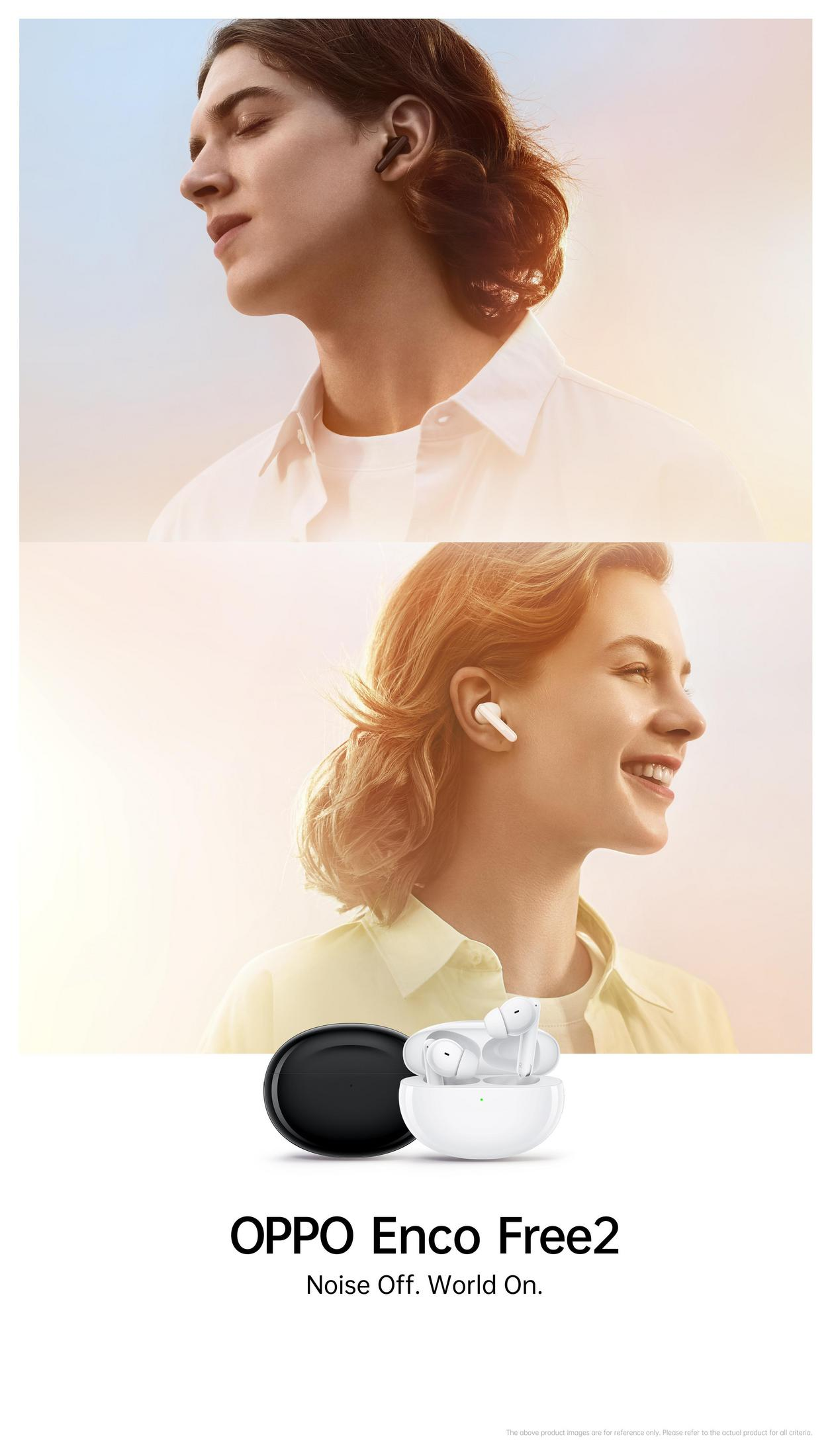 Two people wearing earbuds with a black case and white earbuds. The text reads OPPO Enco Free2 Noise Off. World On.
