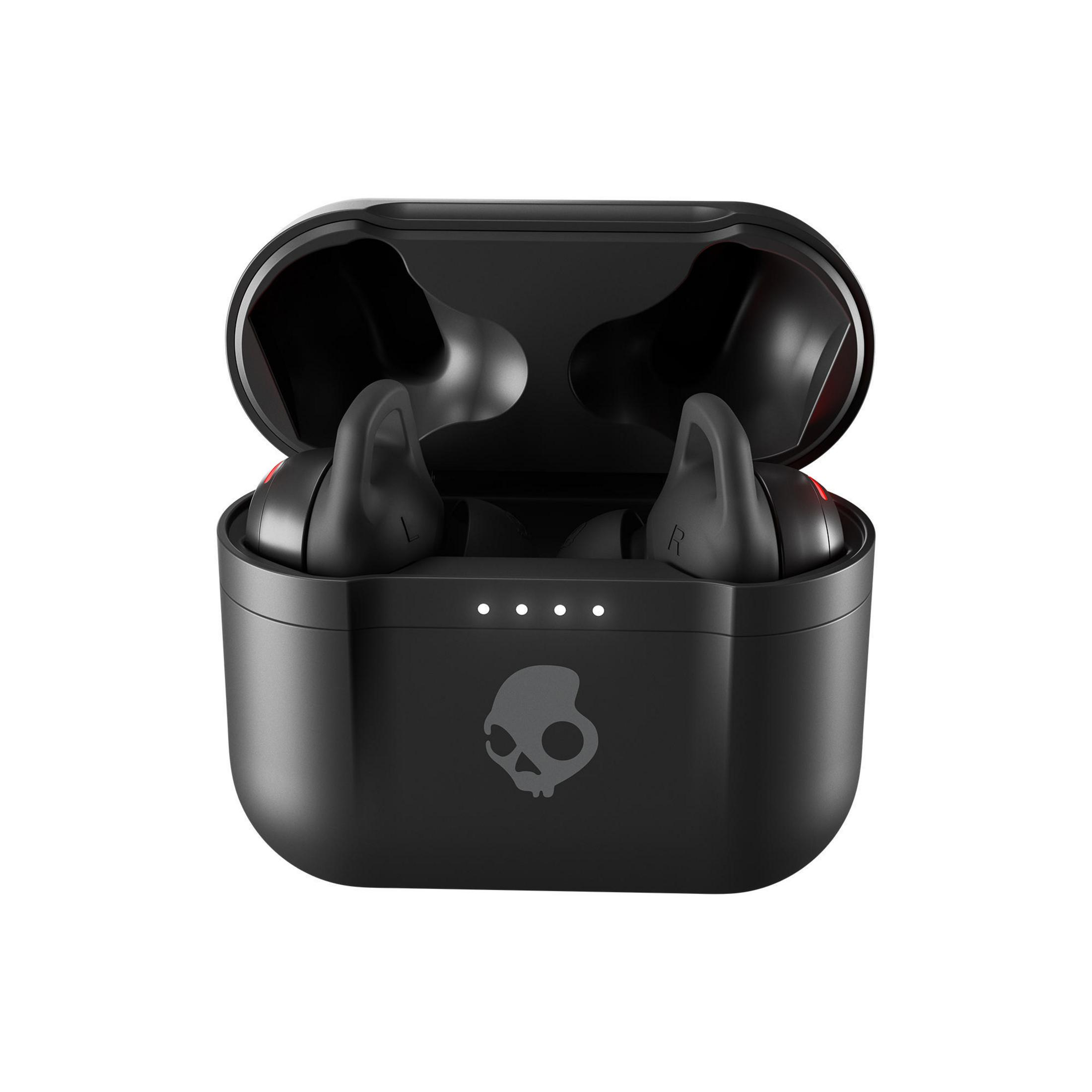 Schwarze Skullcandy kabellose Ohrhörer in ihrem Ladeetui.
