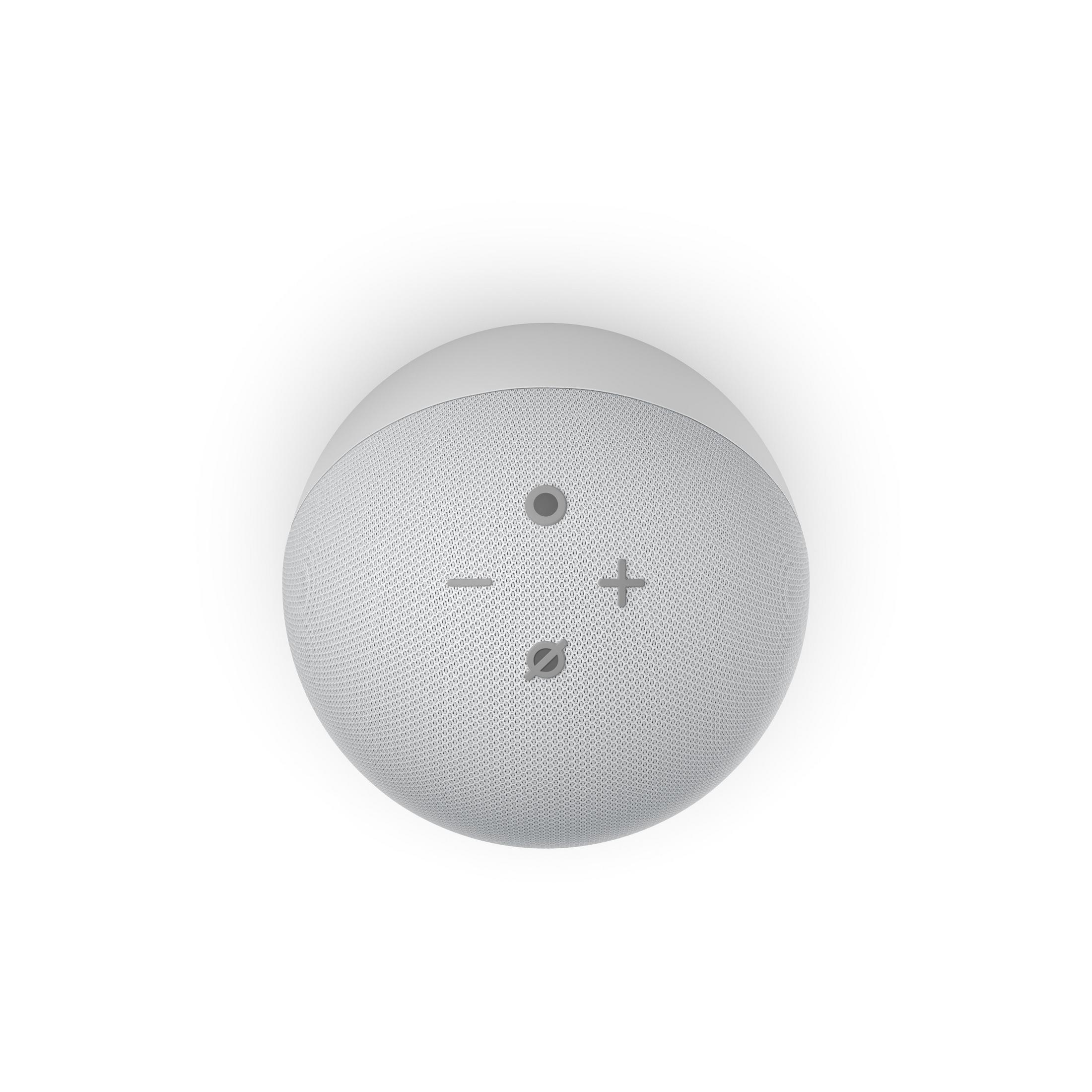 Draufsicht auf einen weißen Smart Speaker. Er hat Lautstärketasten und zwei kleine Punkte.