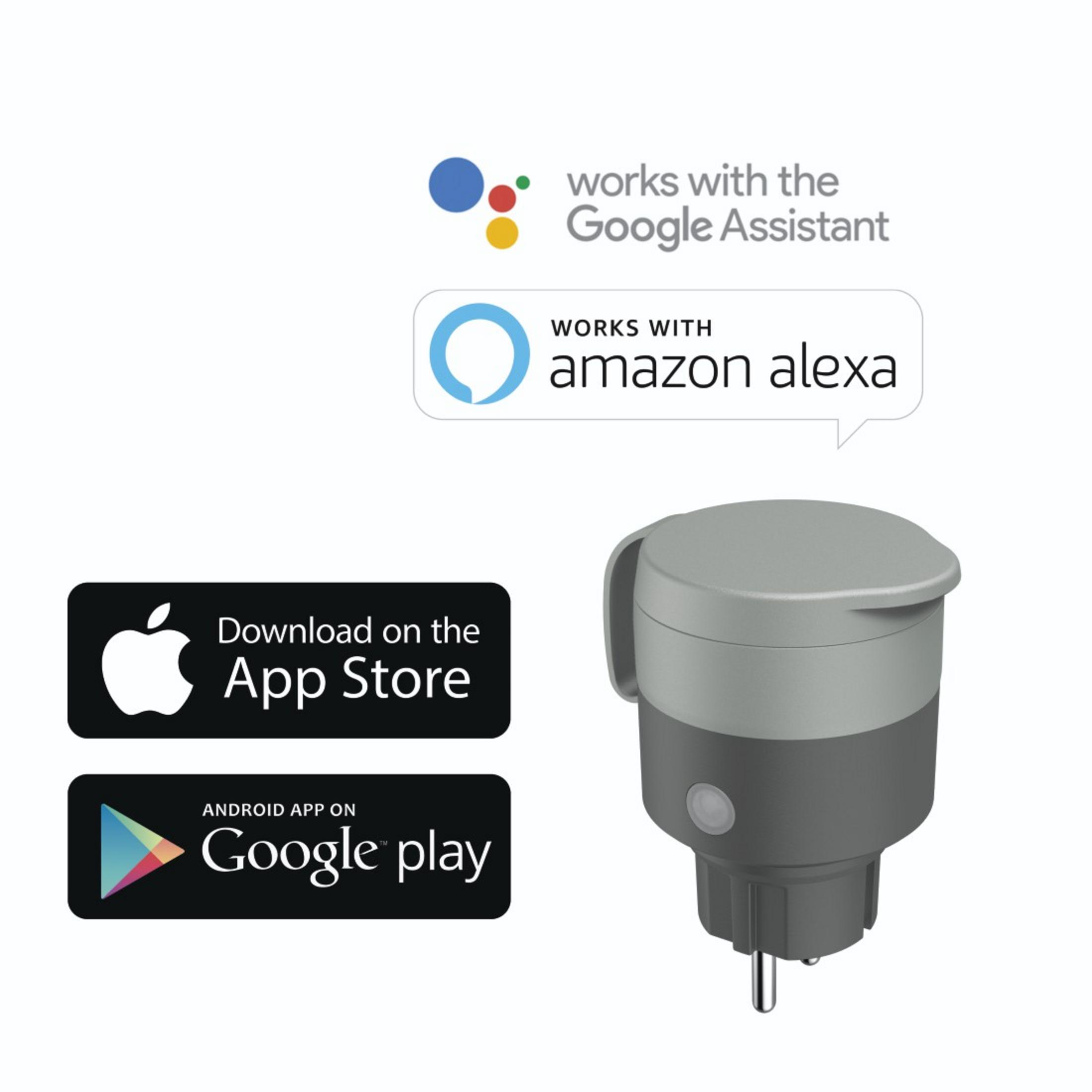 Ein Smart Plug mit Google Assistant und Amazon Alexa Logos sowie App-Download-Optionen.