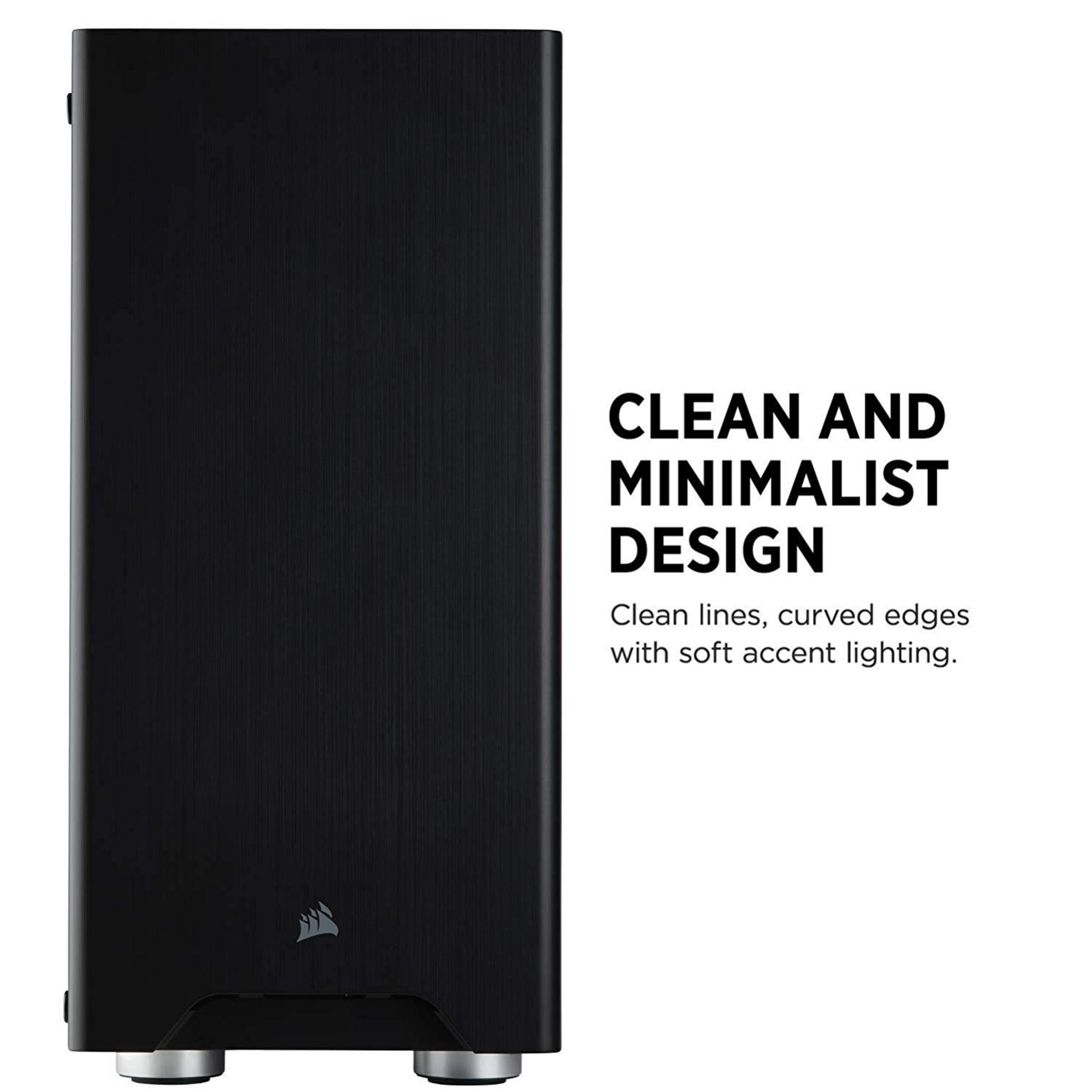 Schwarzes Computergehäuse mit minimalistischem Design. Weißer Text auf der rechten Seite.