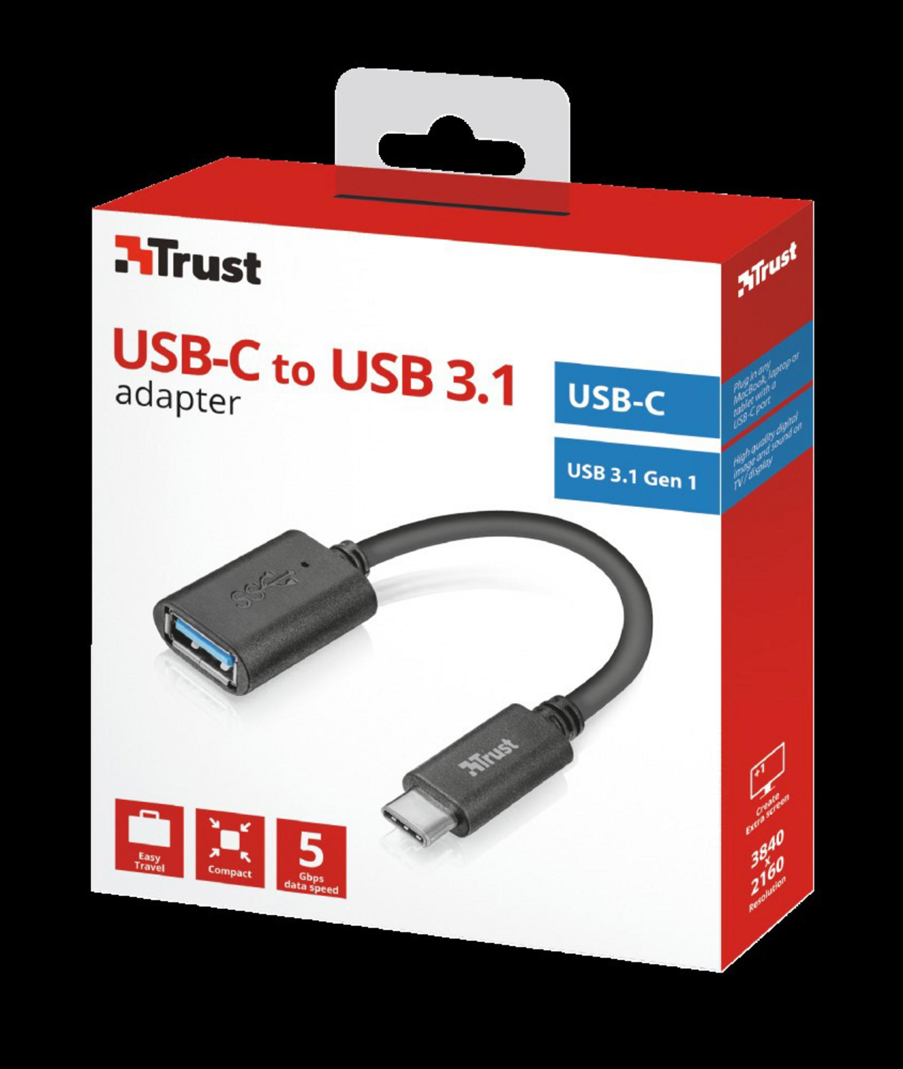 Ein USB-C-zu-USB-3.1-Adapter in einer Box, mit einem schwarzen Kabel und dem Markennamen Trust.