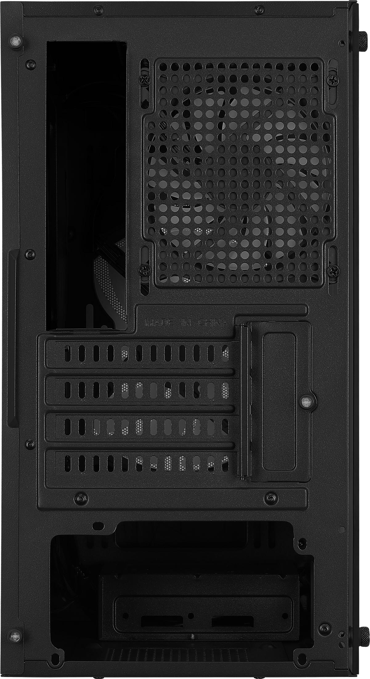 Achterpaneel van een zwarte computerkast met ventilatieopeningen en bevestigingspunten.