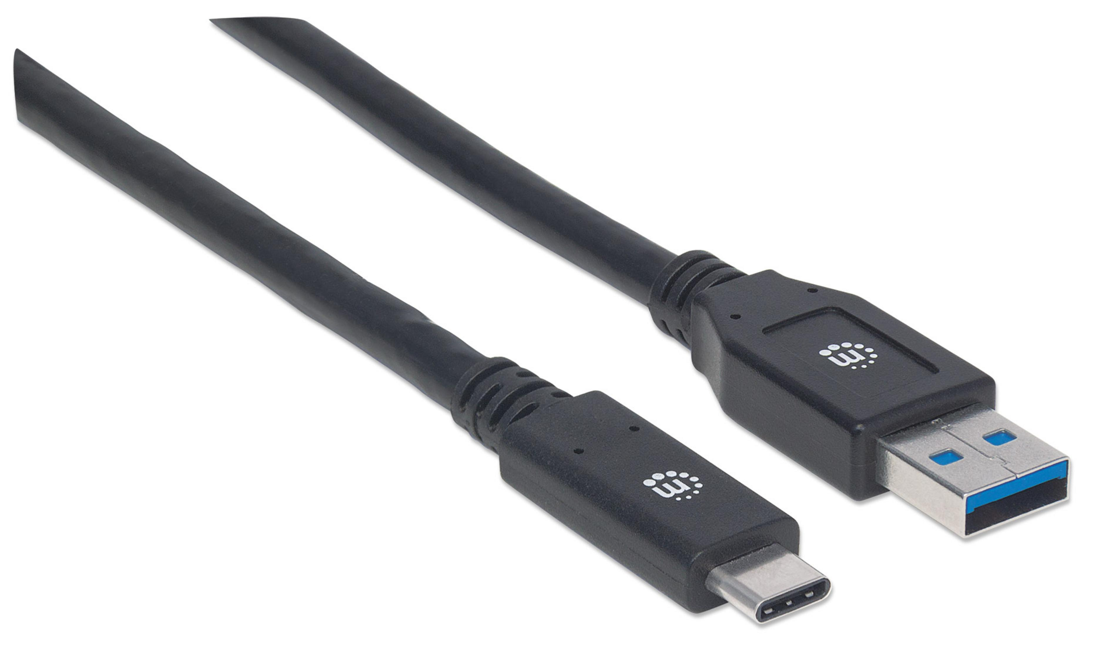 Cavo da USB-C a USB-A nero. Il cavo è spesso. I connettori hanno loghi.