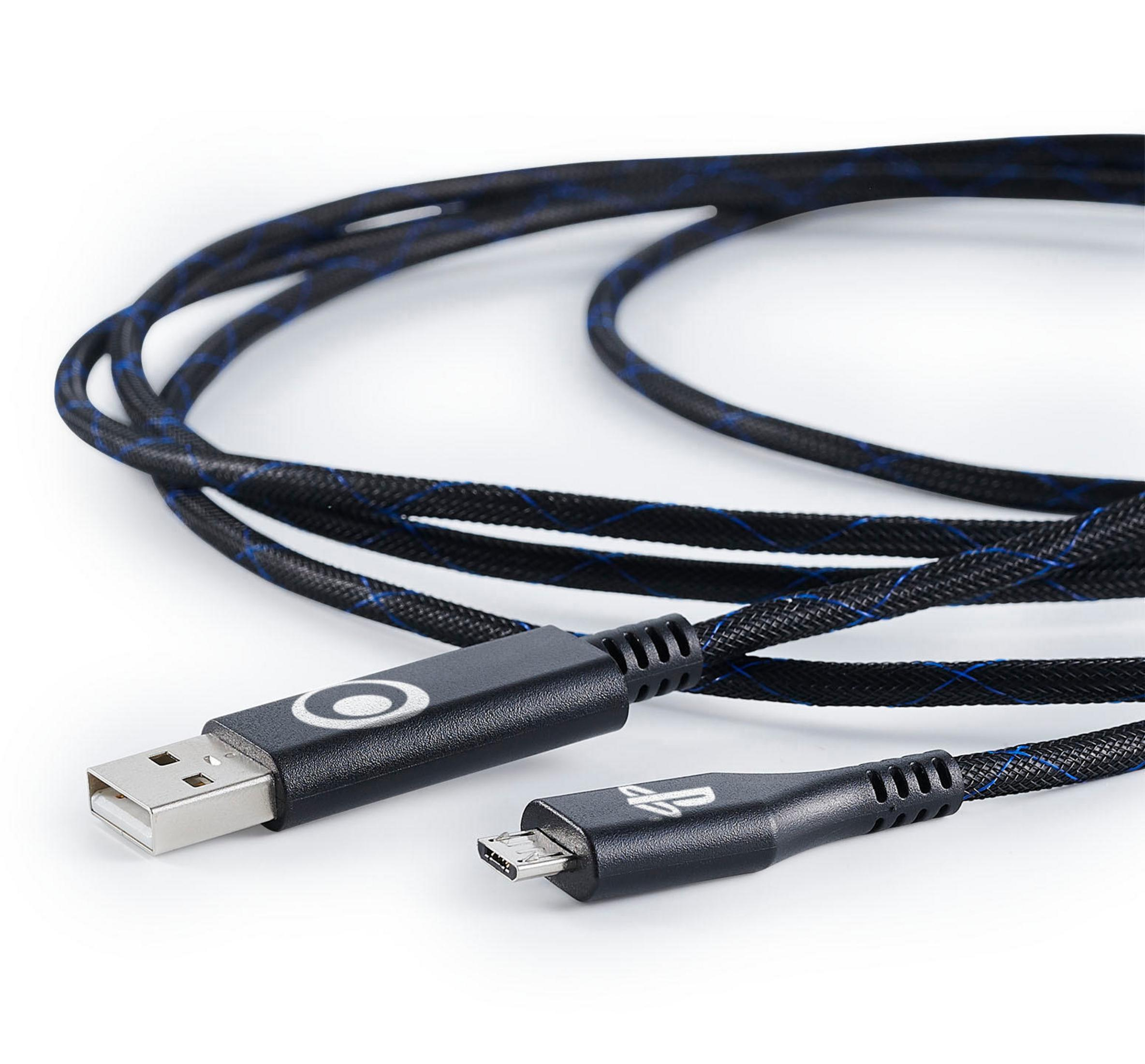 Ein schwarz-blaues USB-Kabel. Ein Ende ist ein USB-Anschluss, das andere ein Micro-USB-Anschluss.