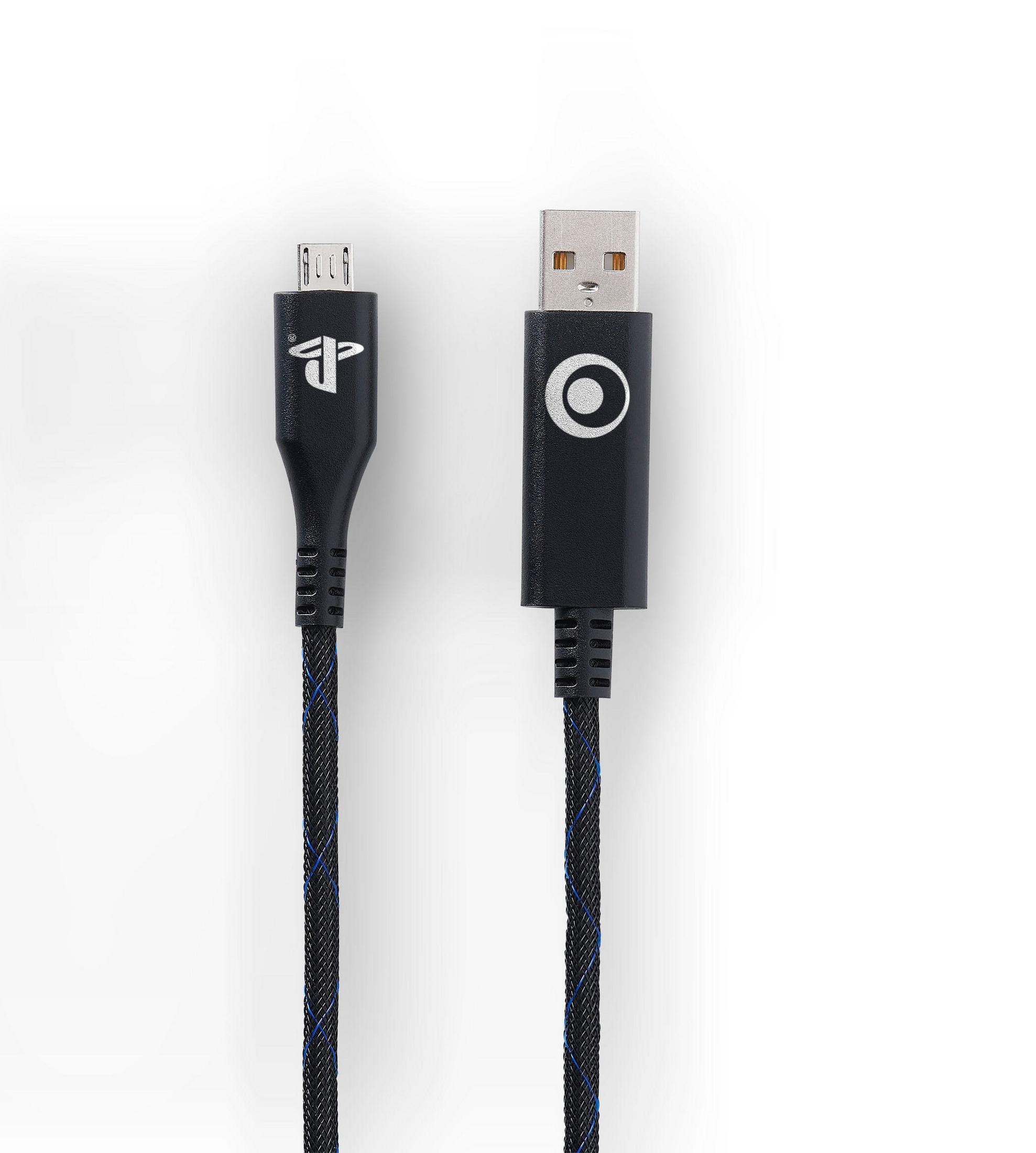 Ein schwarzes USB-Kabel mit einem USB-A-Ende und einem Micro-USB-Ende, beide mit Logos, auf weißem Hintergrund.