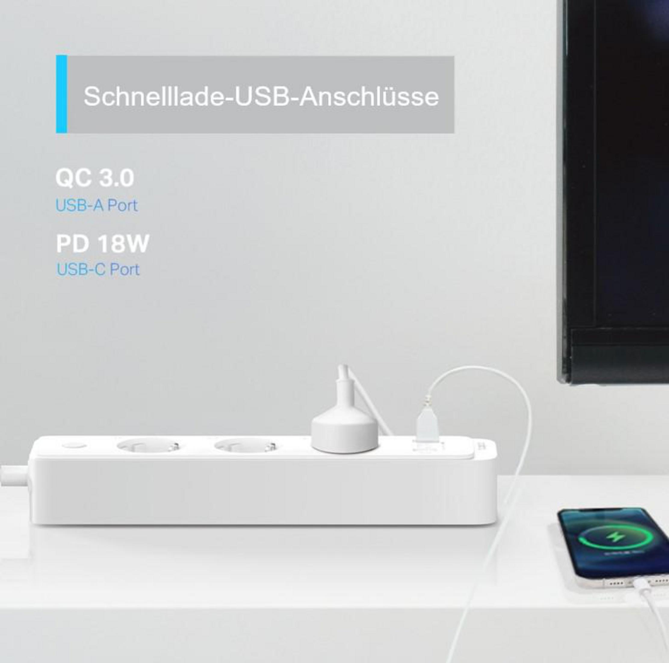 Eine weiße Steckdosenleiste mit USB-Anschlüssen, mit einem ladenden Telefon und einem Fernseher im Hintergrund.