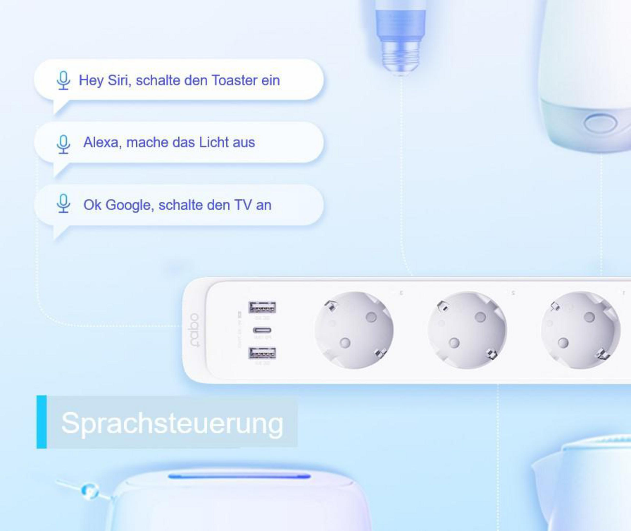 Steckdosenleiste mit Sprachsteuerung: Hey Siri, Alexa und Ok Google. Weiß.