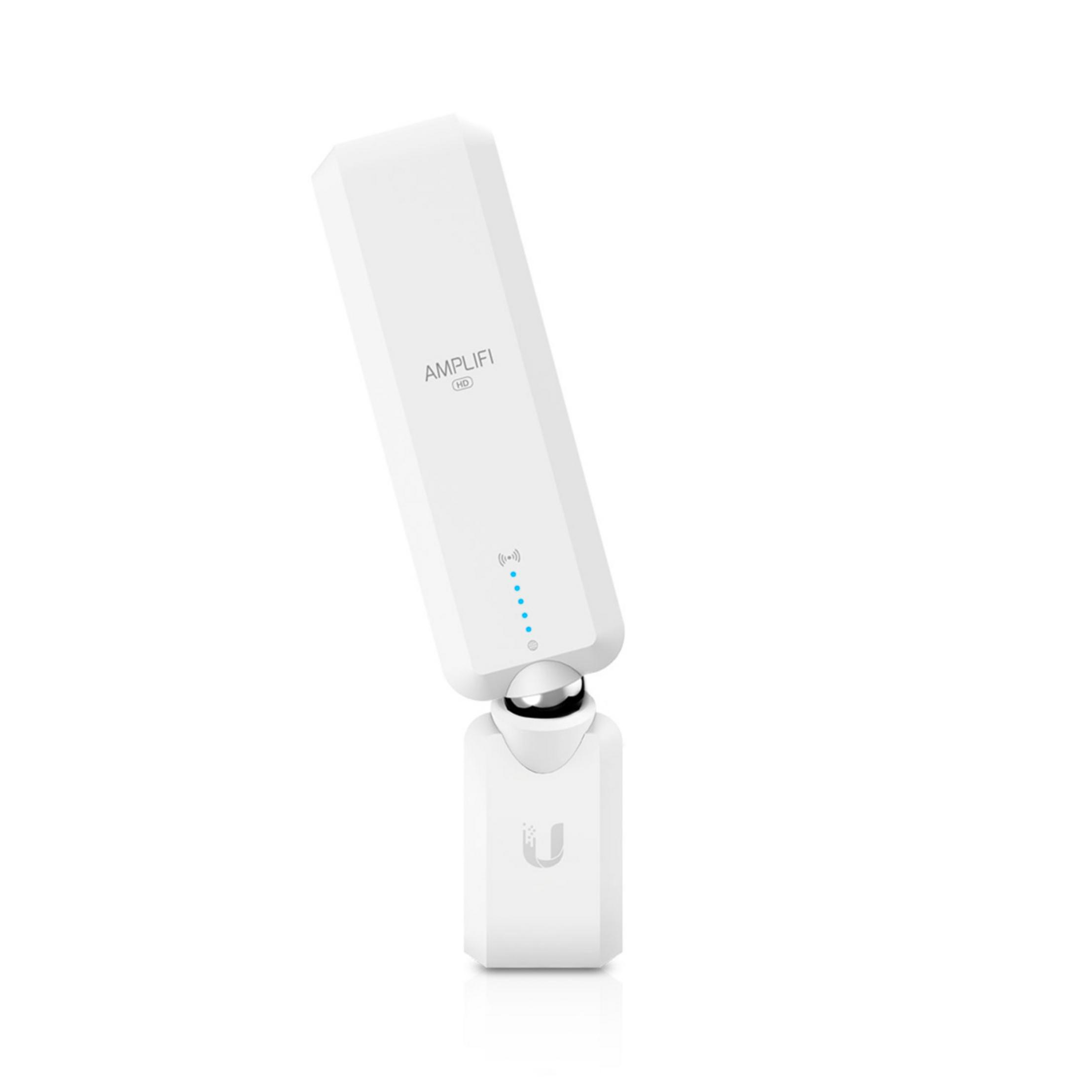 A white wireless network device. It has a long, angled design and a small base. The background is white.