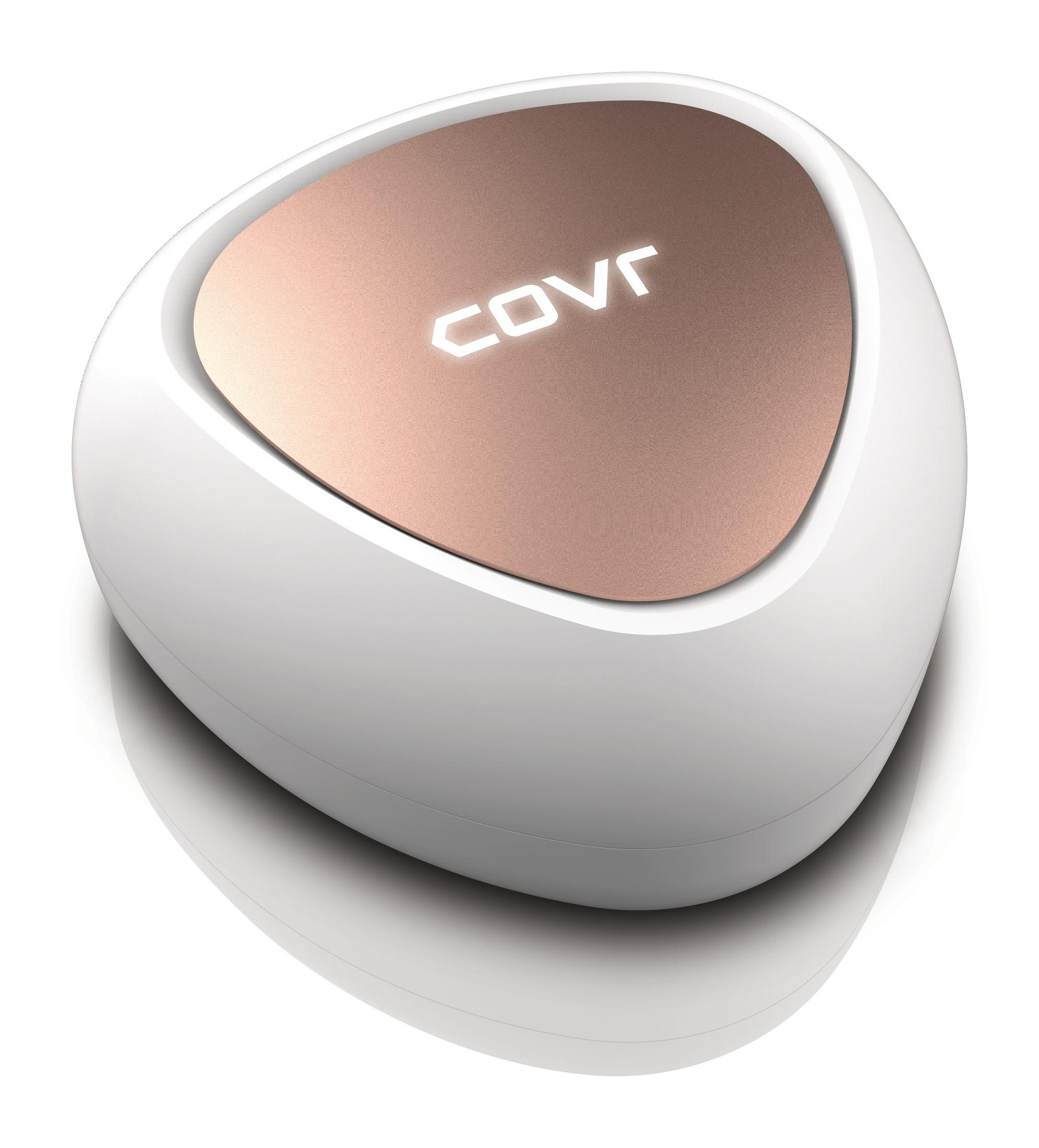 Dispositivo bianco e oro rosa con la parola COVR sul davanti.