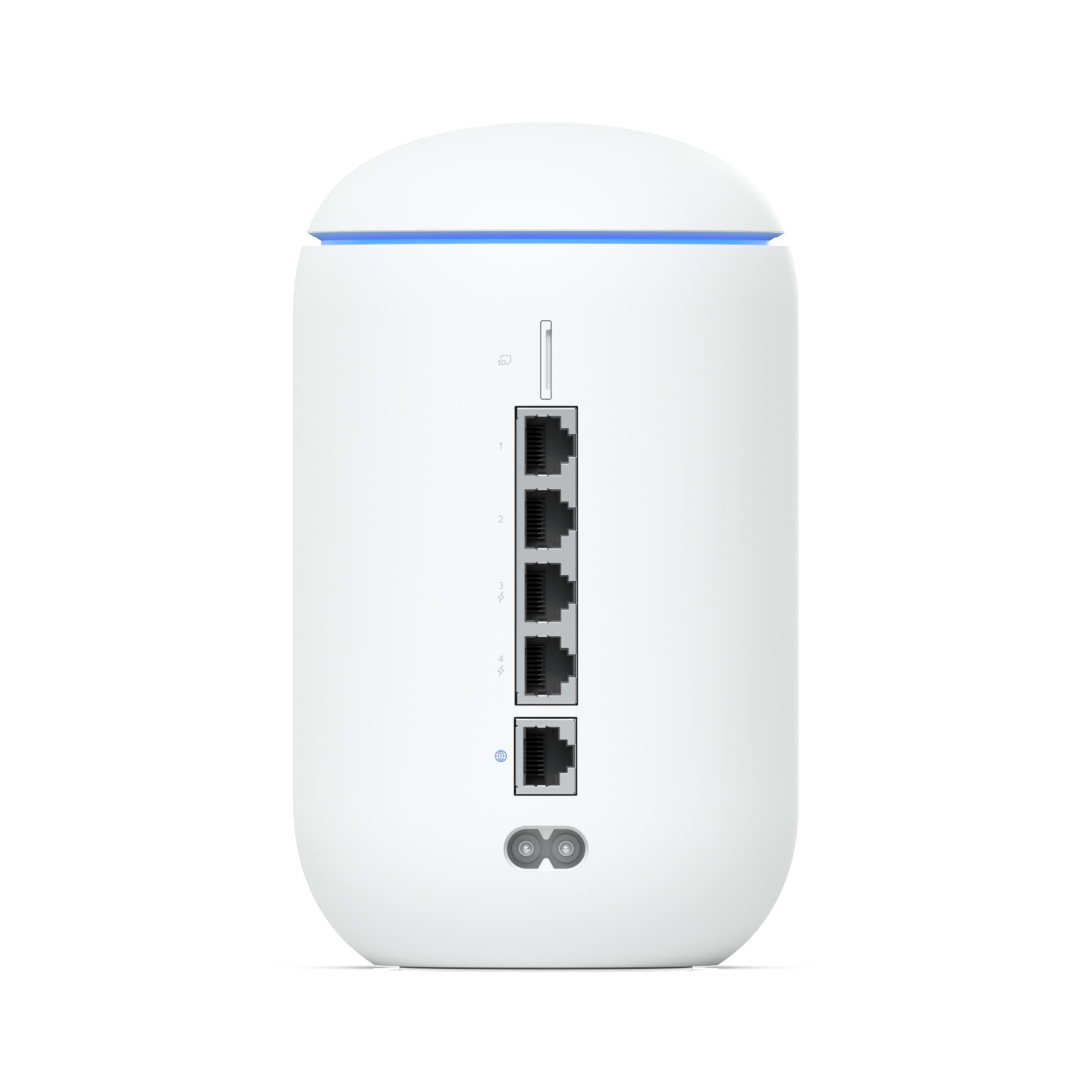 Router bianco con porte e parte superiore blu. Vista posteriore, porte visibili.