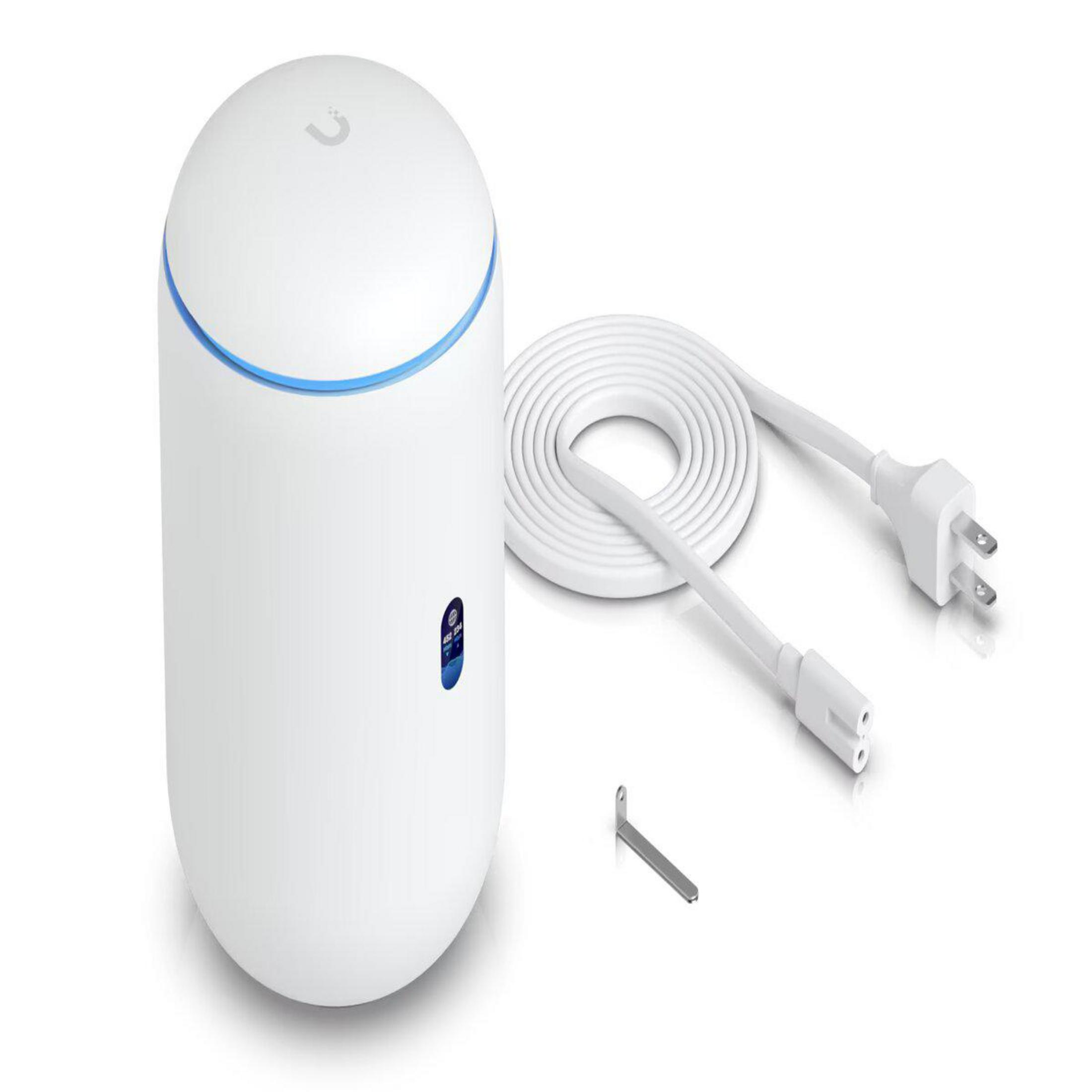 Router cilindrico bianco con luce blu in alto, un cavo e una spina.