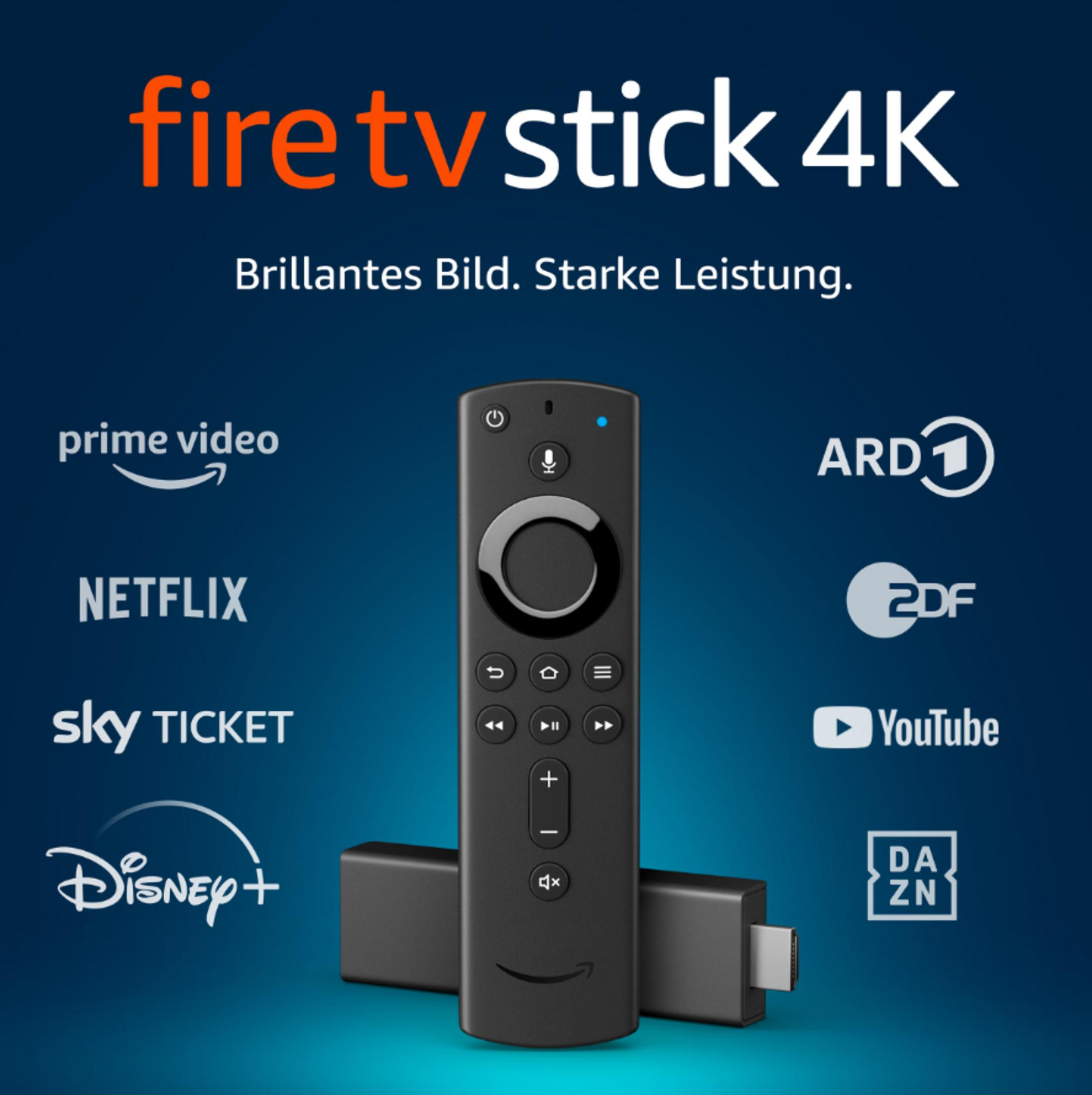 Schwarze Fernbedienung und Streaming-Gerät mit Logos für Streaming-Dienste. Text: 'Fire TV Stick 4K'. Blauer Hintergrund.
