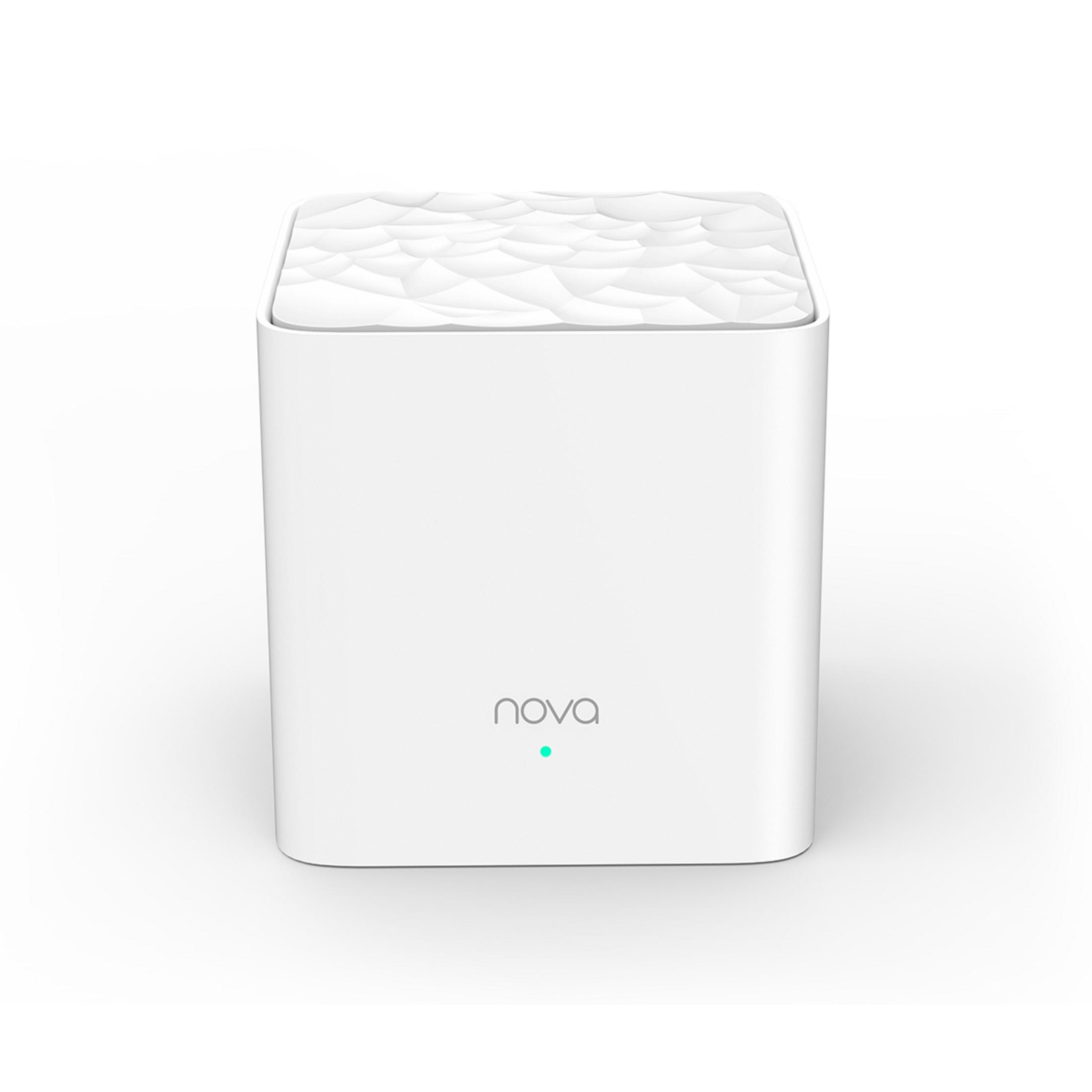 Weißer quadratischer WLAN-Router auf weißem Hintergrund.