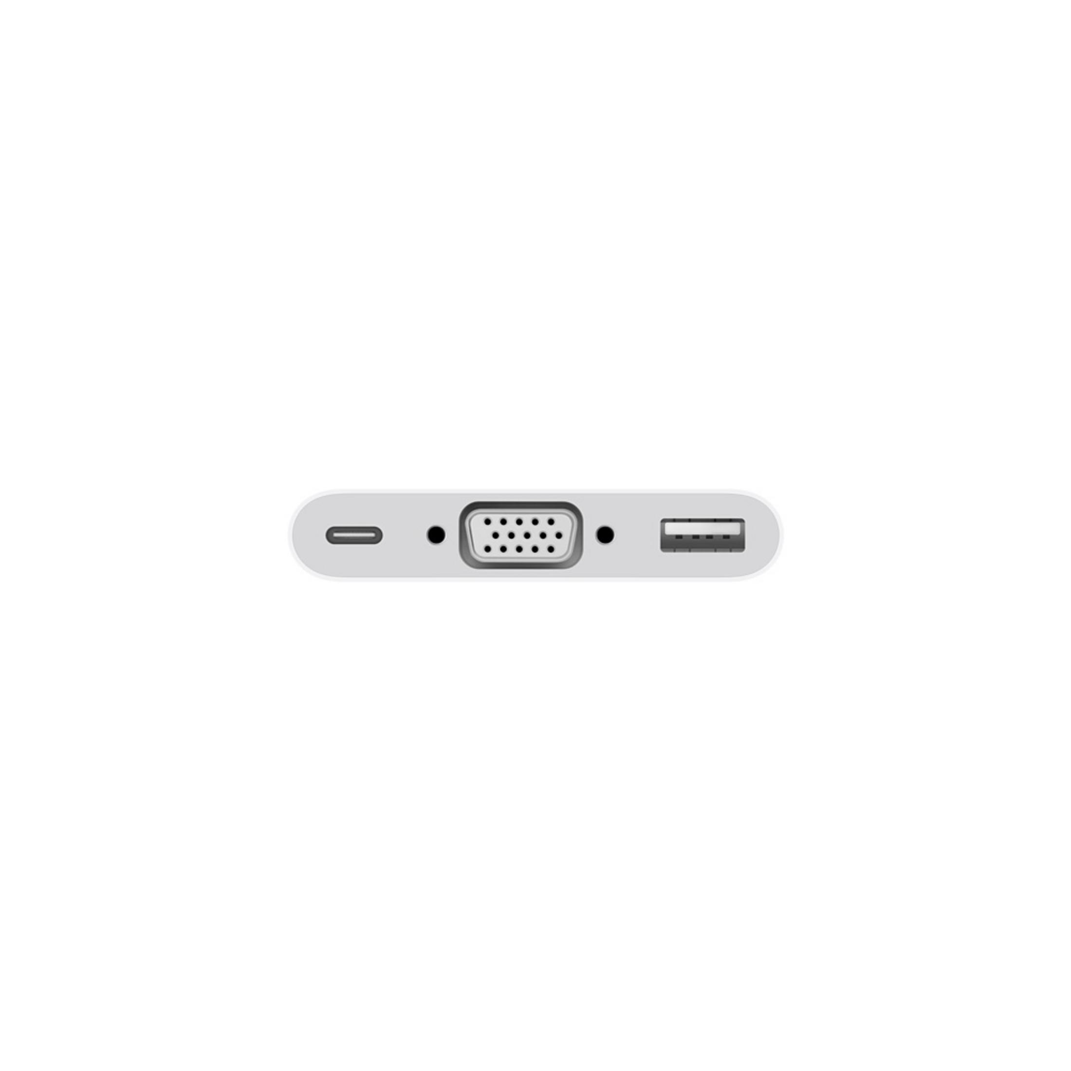 Un adaptador blanco con un puerto VGA, un puerto USB y un puerto de alimentación pequeño.
