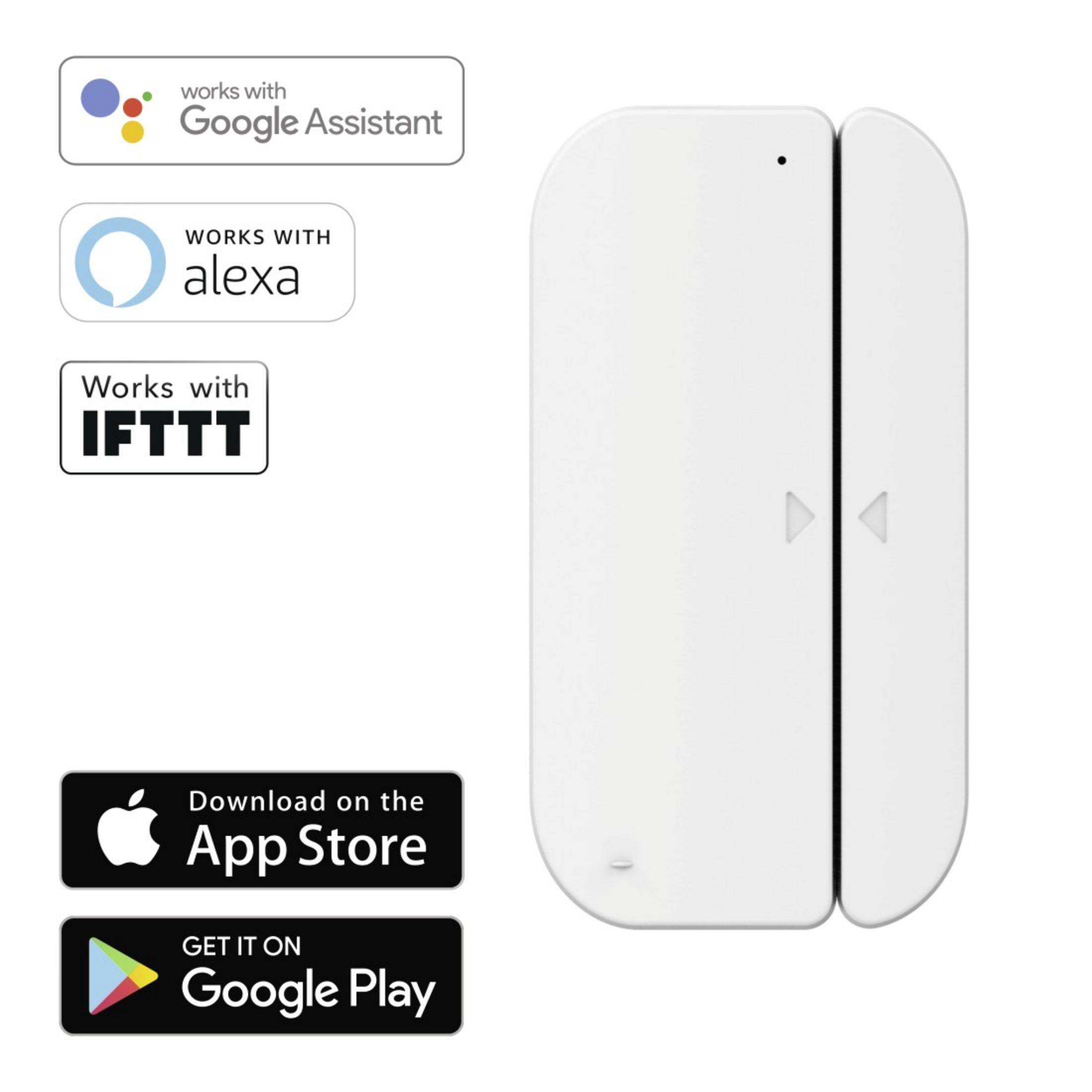 Sensor de puerta inteligente blanco con logos de Google Assistant, Alexa, IFTTT y descargas de apps.