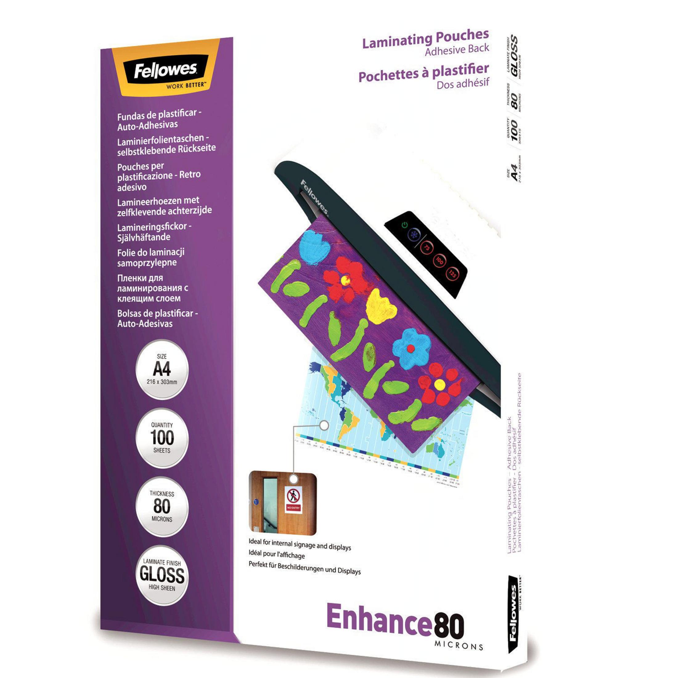FELLOWES 5302202 ADH BACK LAMIN POUCH A4 80MIC 100PK Heißlaminierfolie