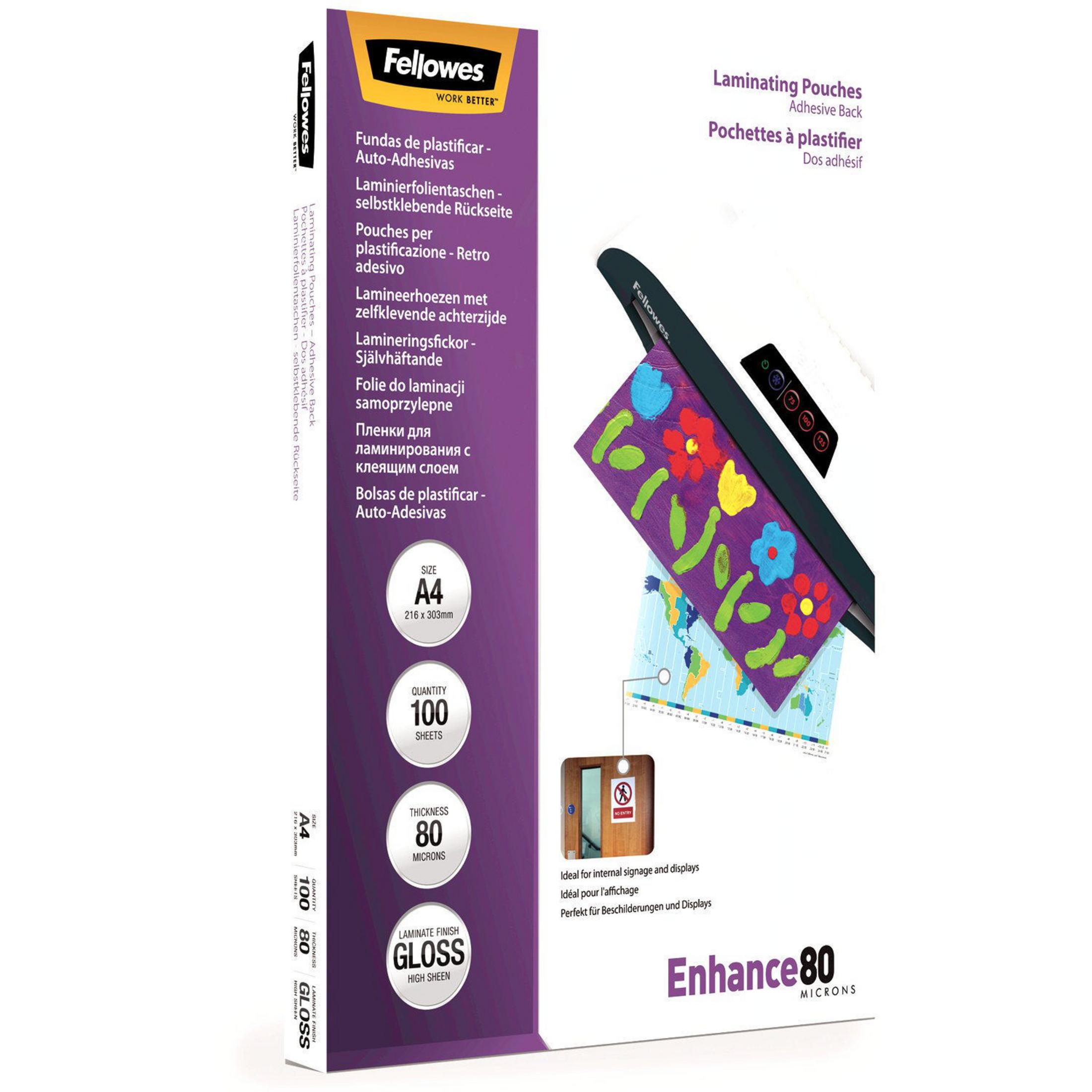 FELLOWES 5302202 ADH BACK LAMIN POUCH A4 80MIC 100PK Heißlaminierfolie