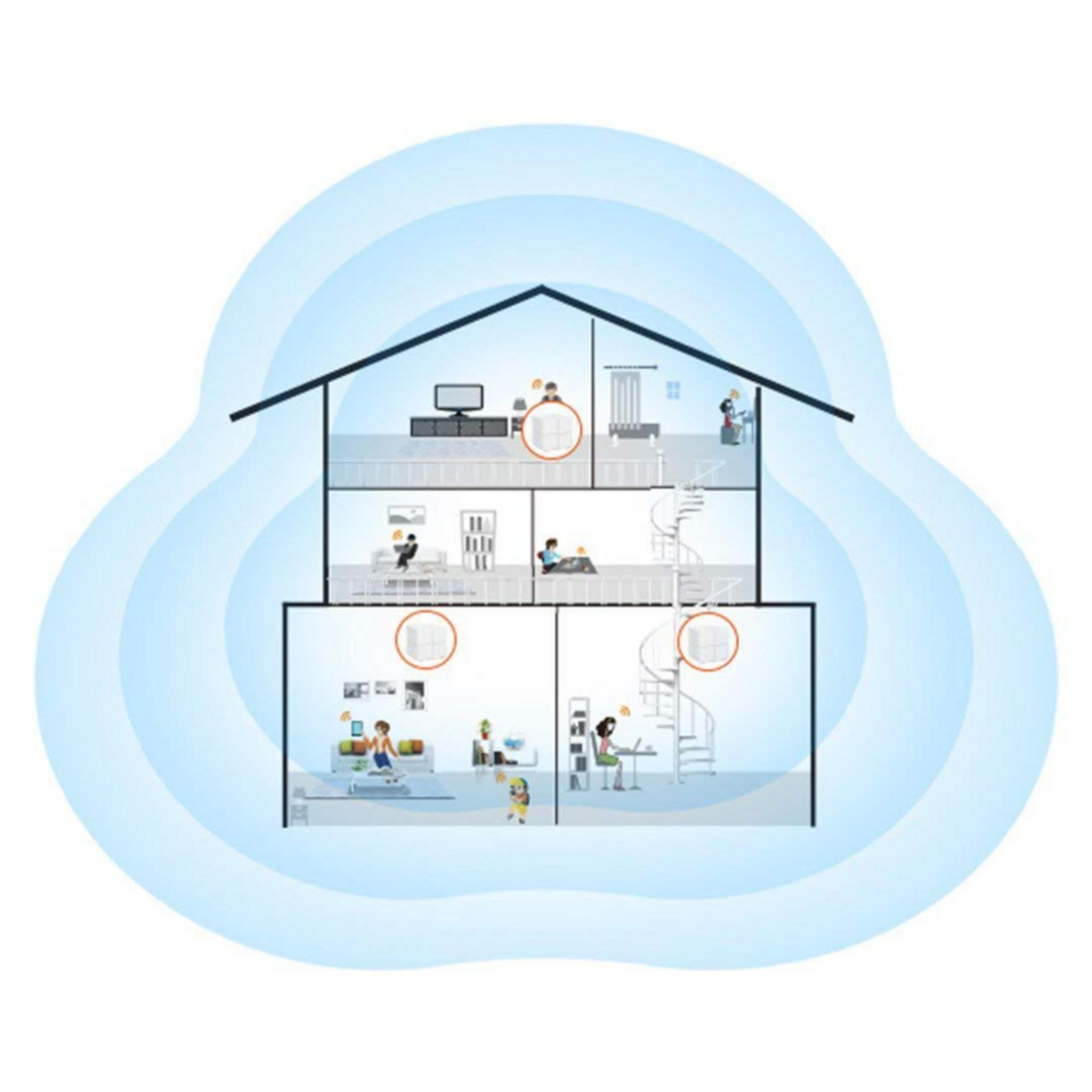 Illustration eines Hausinneren mit Personen, die WLAN nutzen, mit blauem Hintergrund.